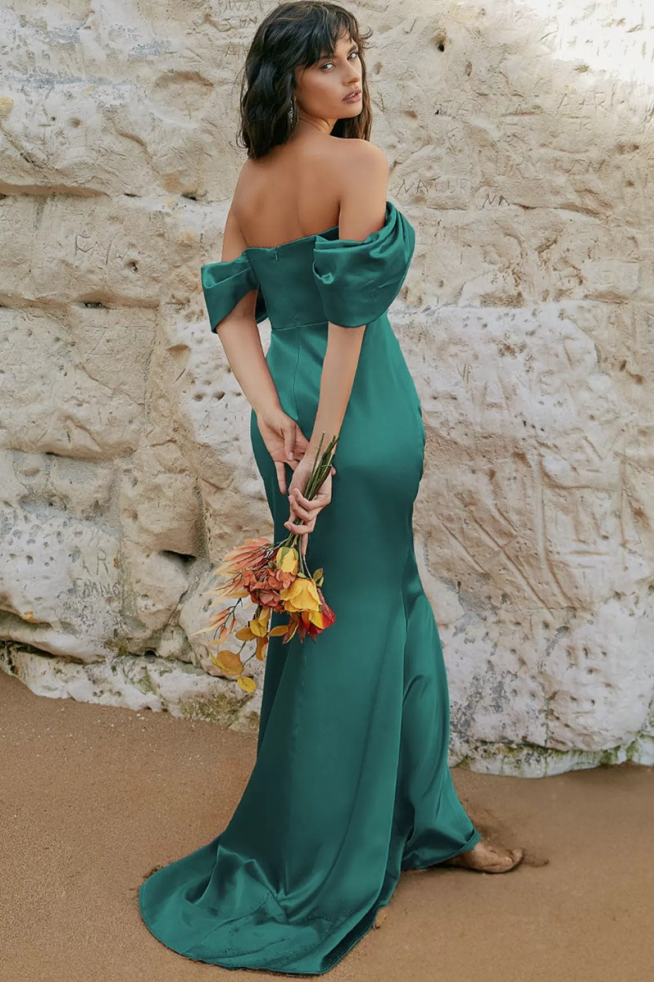 Maxi Dresses^* Off Shoulder Satin Maxi With V Neck Emerald