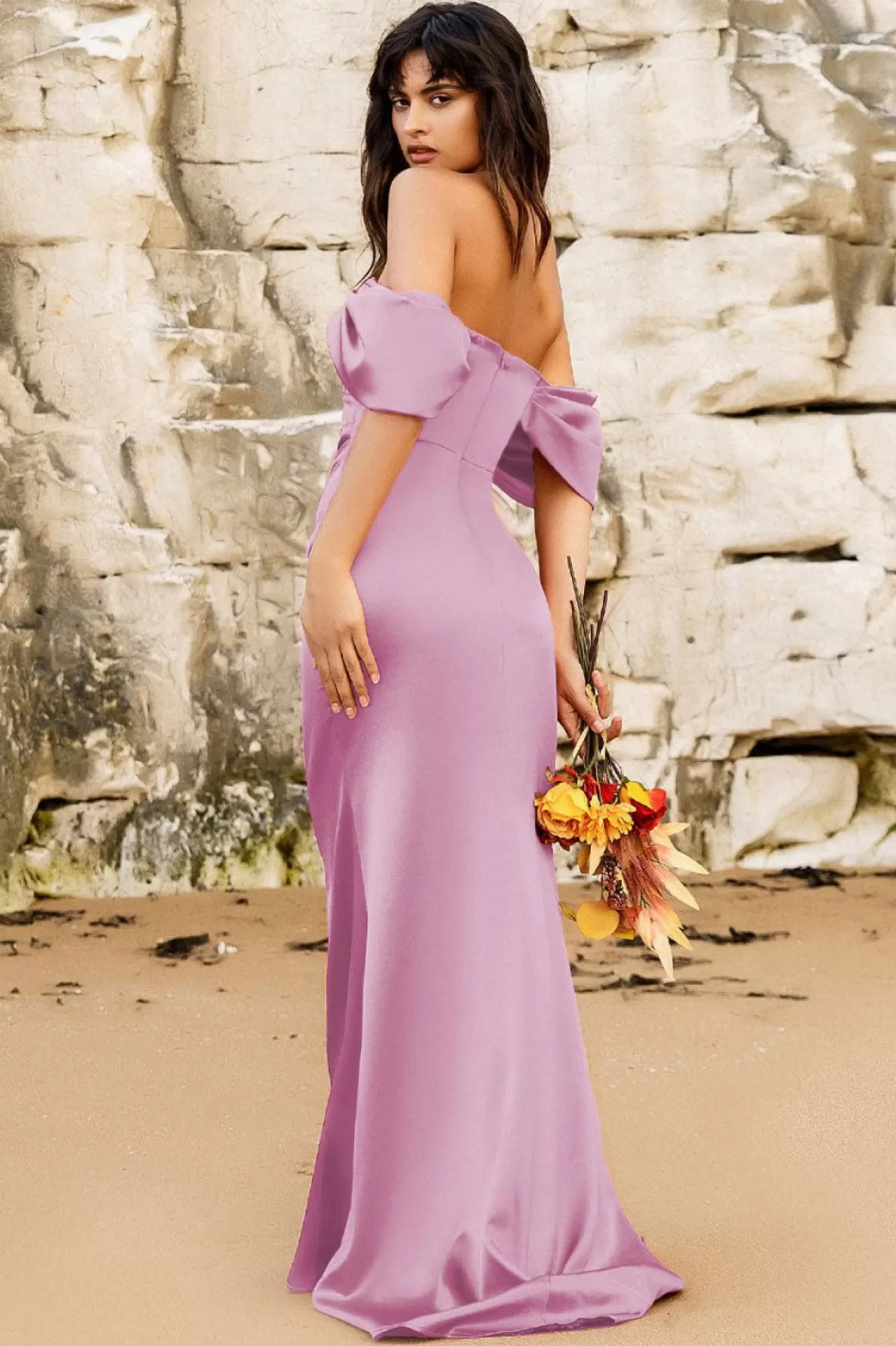 Maxi Dresses^* Off Shoulder Satin Maxi With V Neck Rosepink