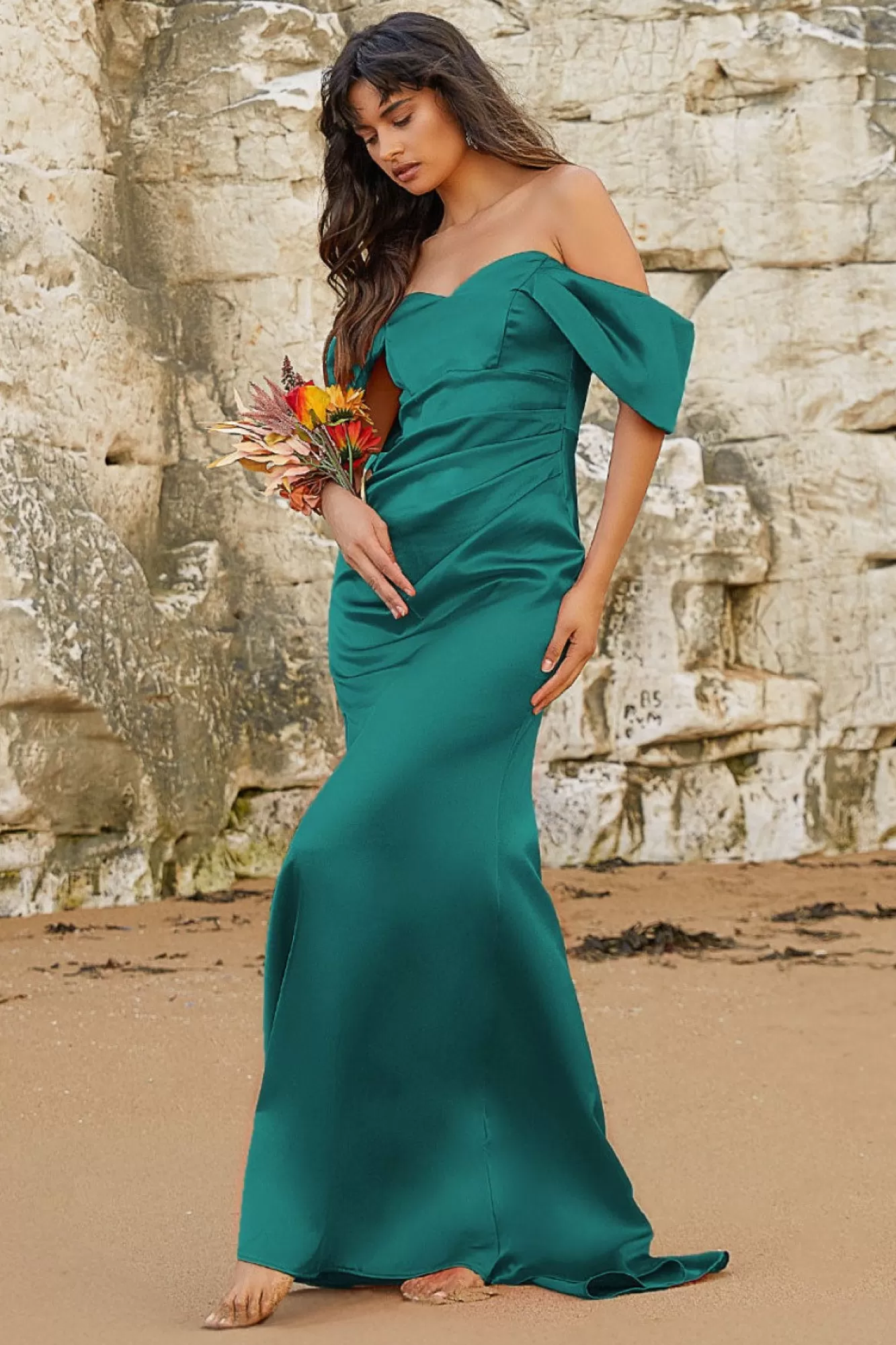 Maxi Dresses^* Off Shoulder Satin Maxi With V Neck Emerald