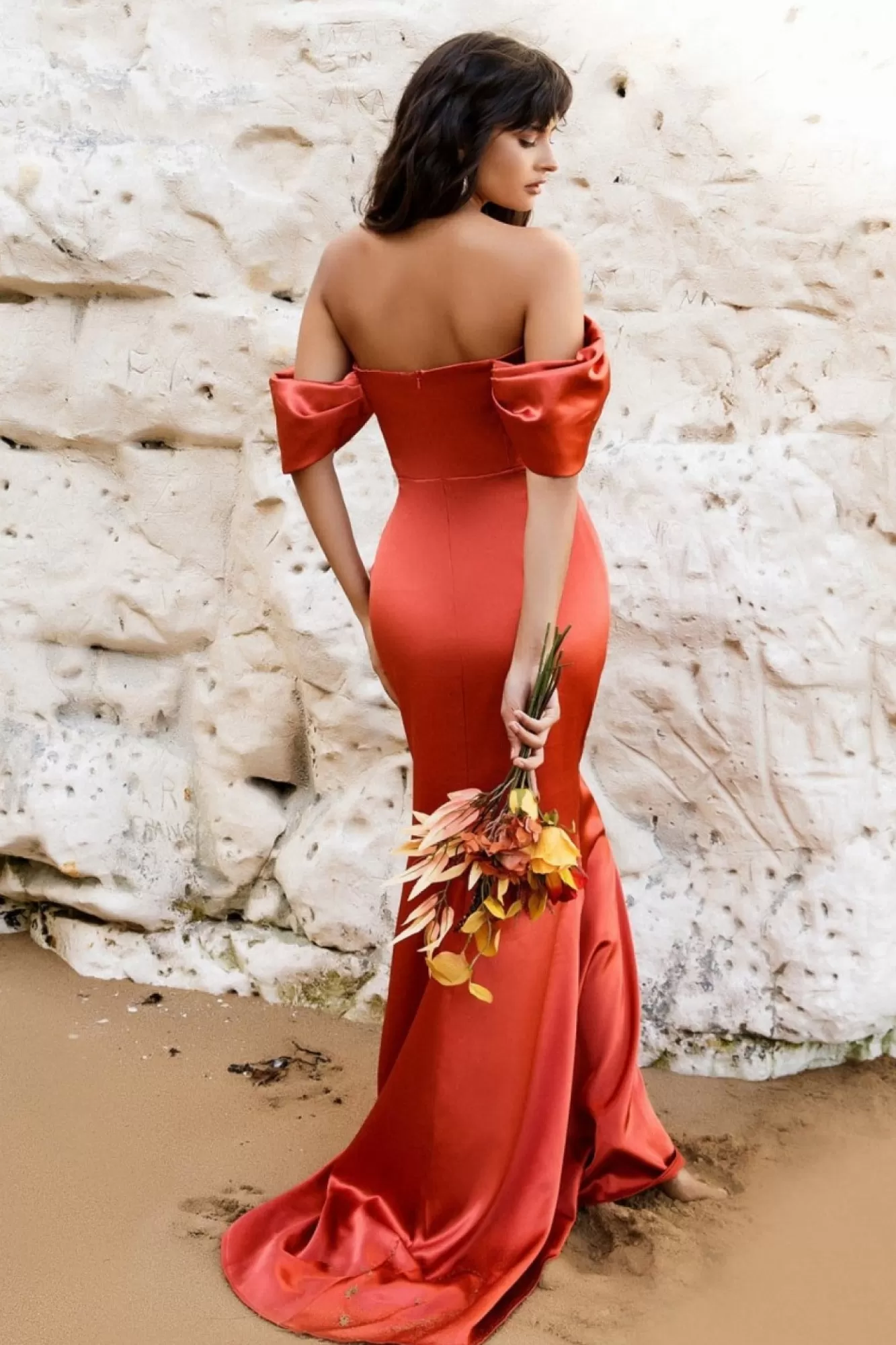 Maxi Dresses^* Off Shoulder Satin Maxi With V Neck Burntorange