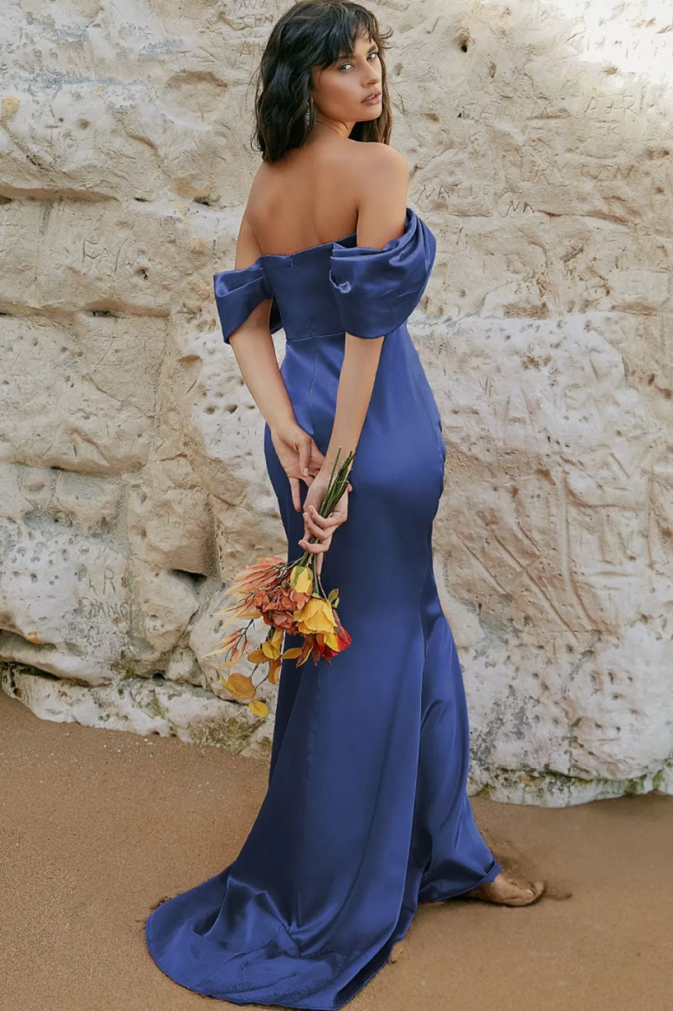 Maxi Dresses^* Off Shoulder Satin Maxi With V Neck Navy
