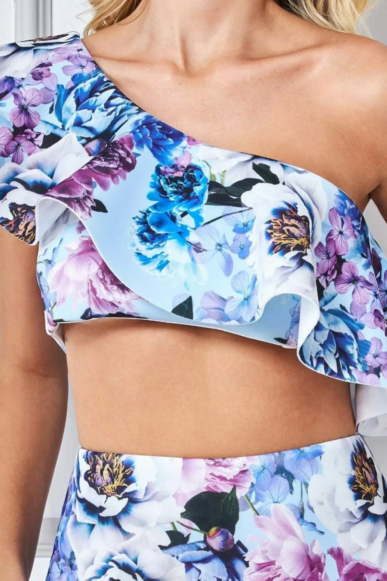 Crop Tops^* One Shoulder Floral Crop Top - Light Blue Lightblue