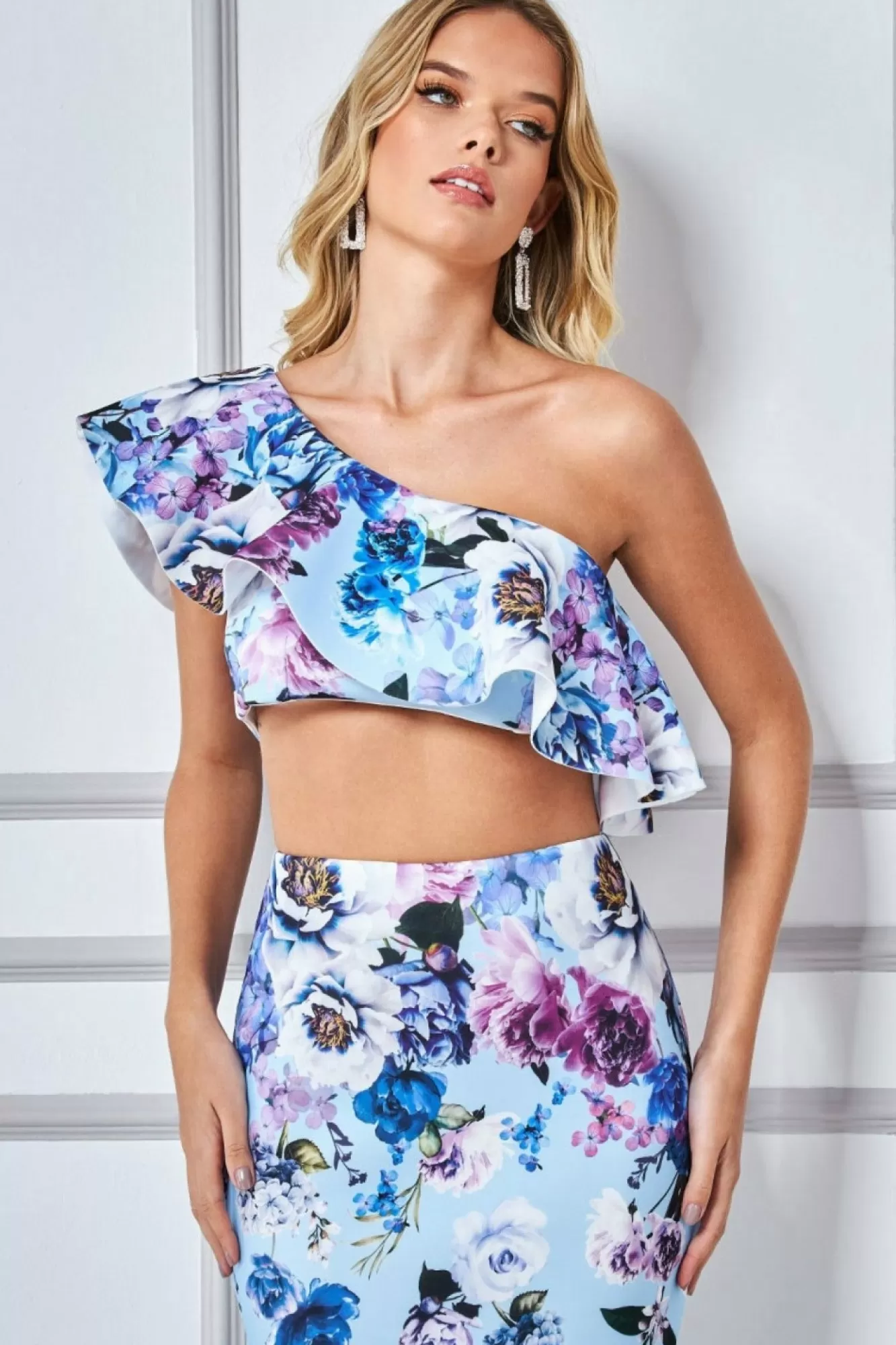 Crop Tops^* One Shoulder Floral Crop Top - Light Blue Lightblue