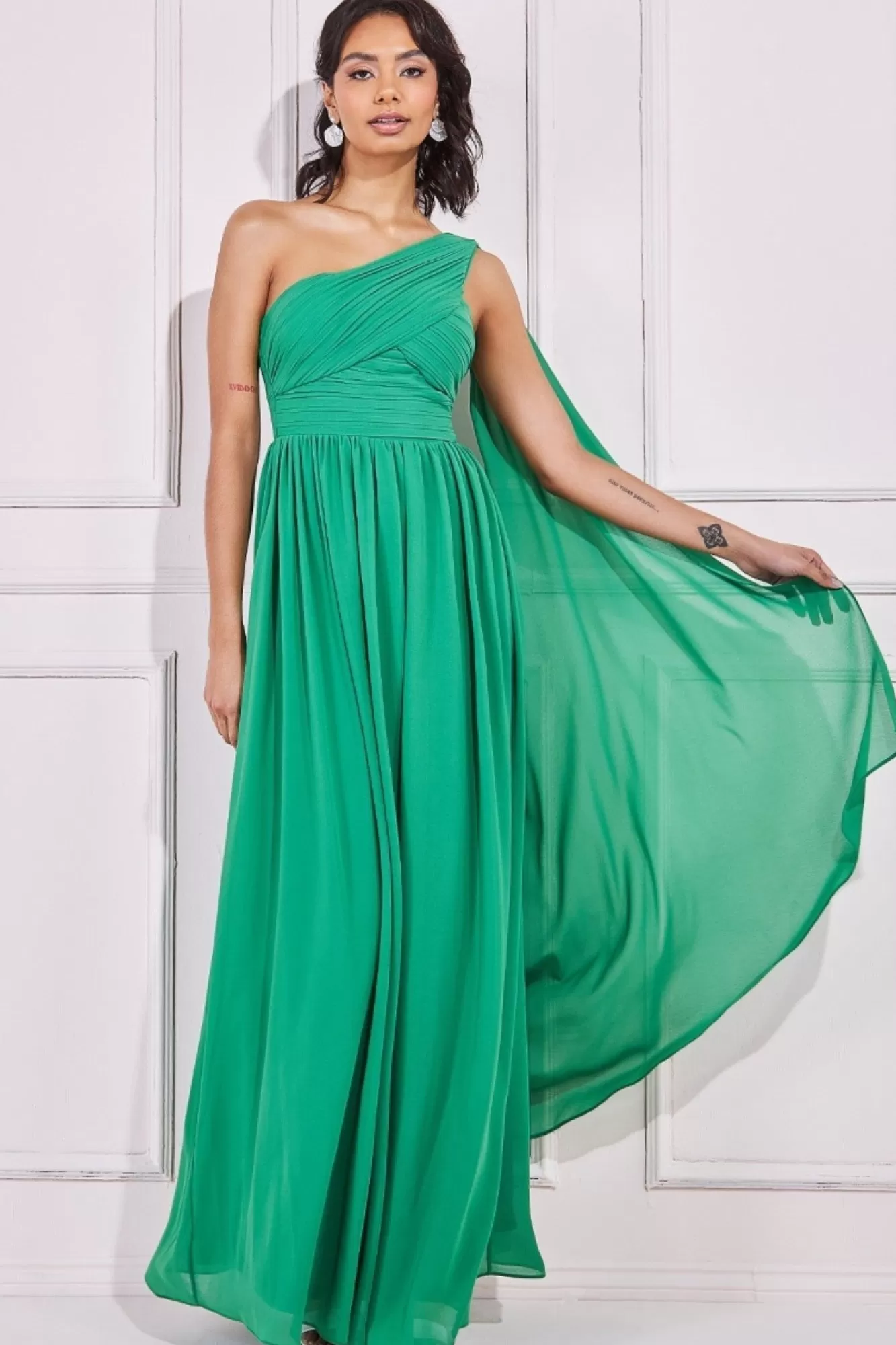 Maxi Dresses^* One Shoulder Pleated Chiffon Scarf Maxi Green