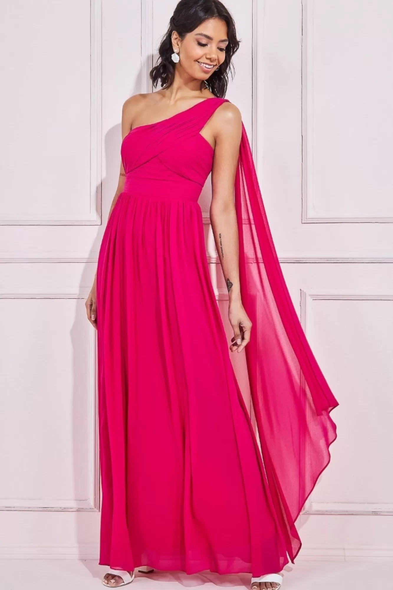 Maxi Dresses^* One Shoulder Pleated Chiffon Scarf Maxi - Hot Pink Hotpink