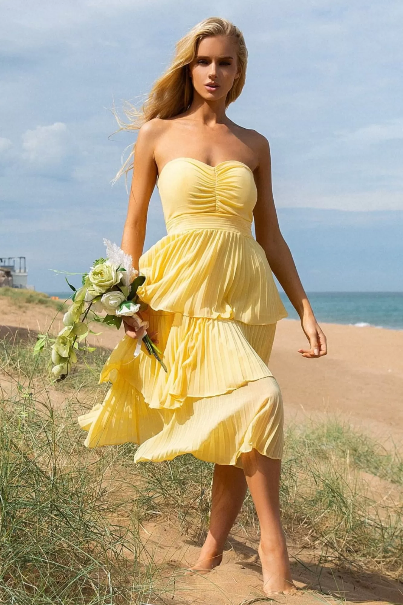 Midi Dresses^* Pleated Bandeau Bodice Chiffon Tiered Midi Yellow