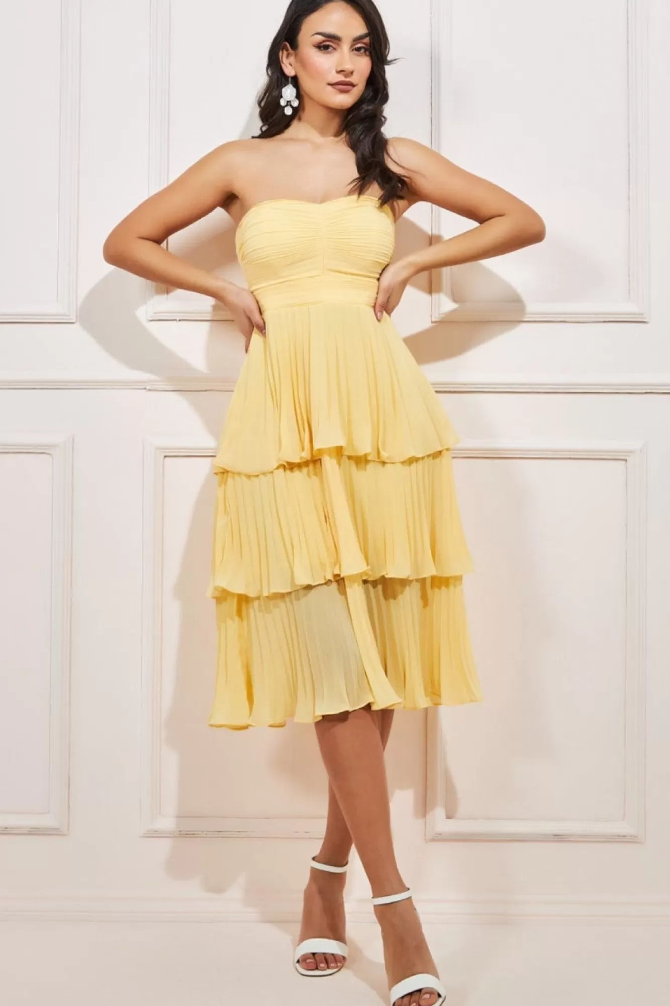 Midi Dresses^* Pleated Bandeau Bodice Chiffon Tiered Midi Yellow