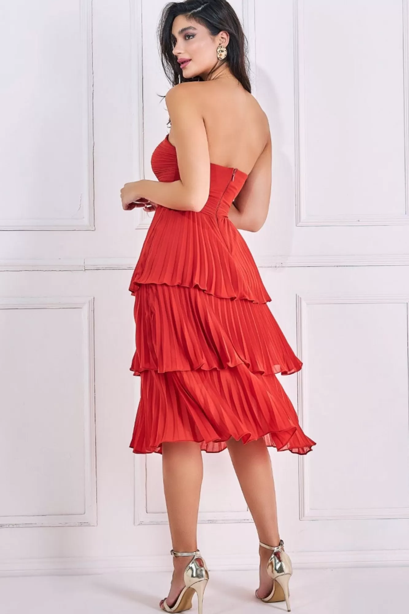 Midi Dresses^* Pleated Bandeau Bodice Chiffon Tiered Midi - Orange Burntorange