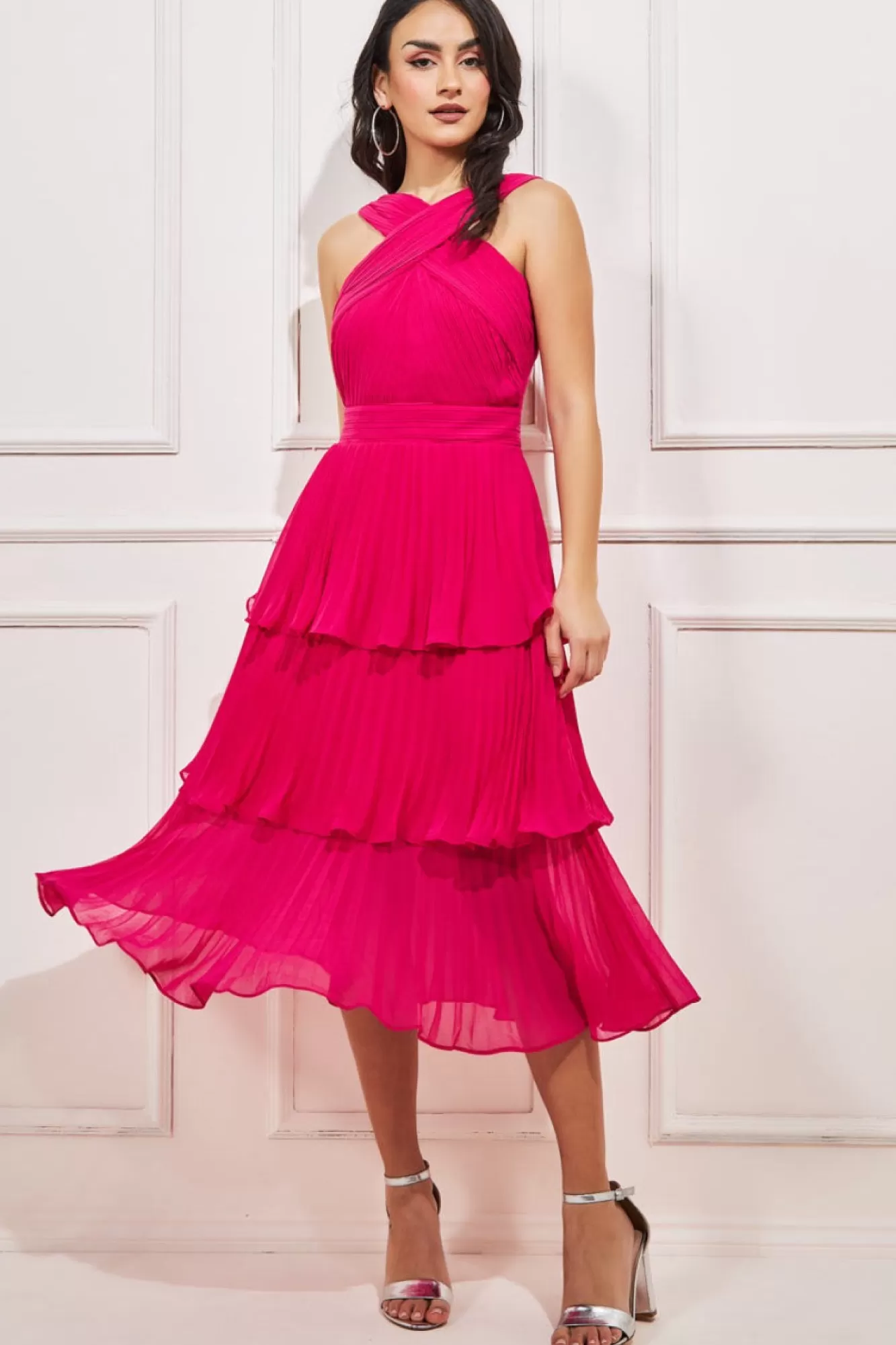 Midi Dresses^* Pleated Bodice Chiffon Tiered Midi Hotpink