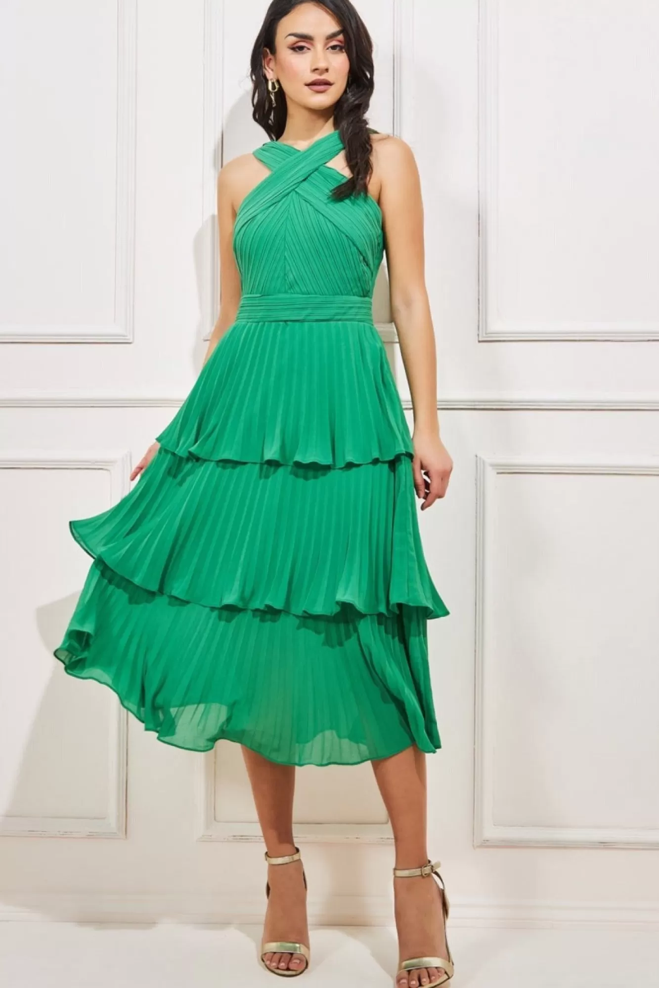 Midi Dresses^* Pleated Bodice Chiffon Tiered Midi Green