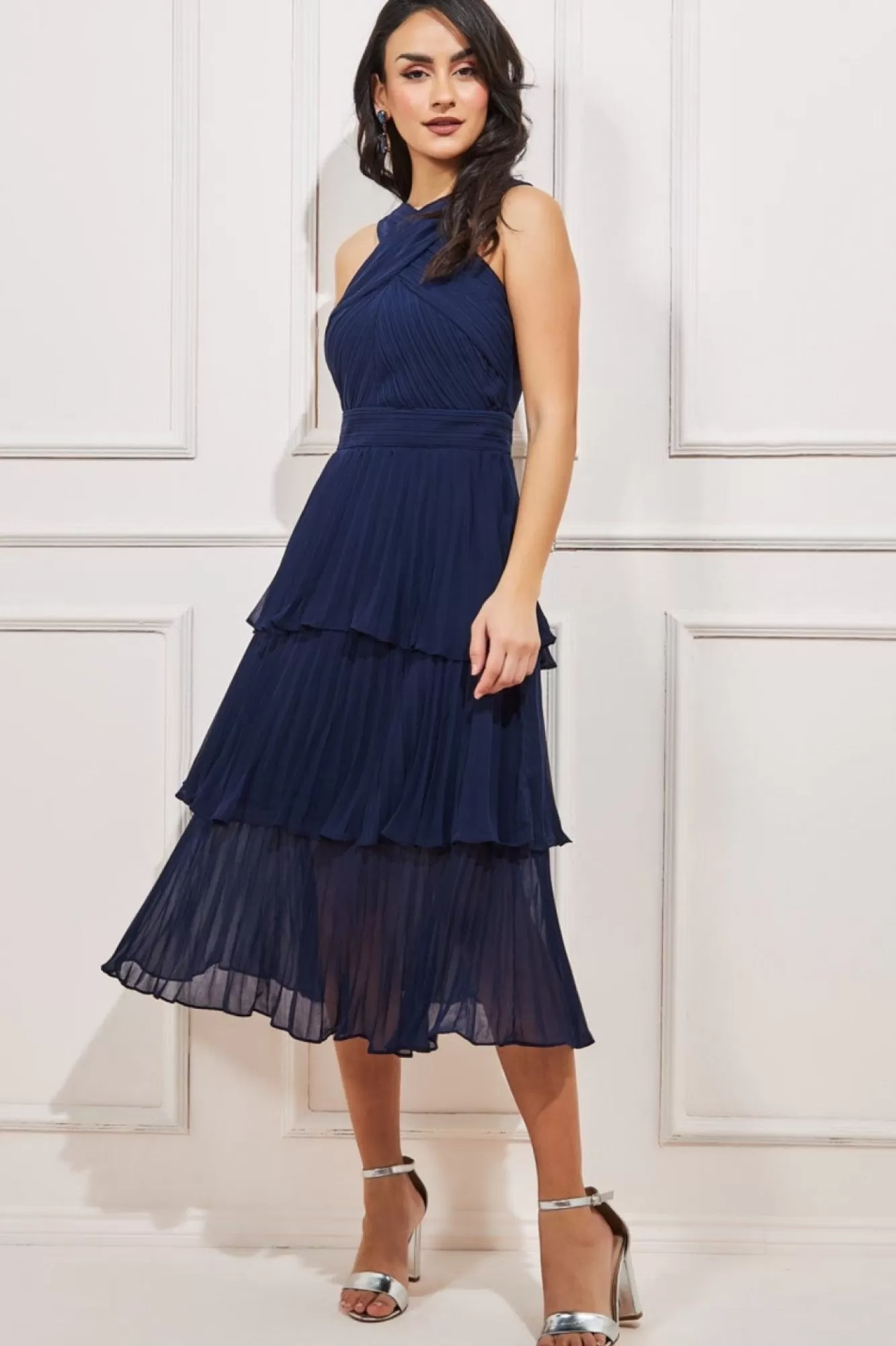 Midi Dresses^* Pleated Bodice Chiffon Tiered Midi Navy