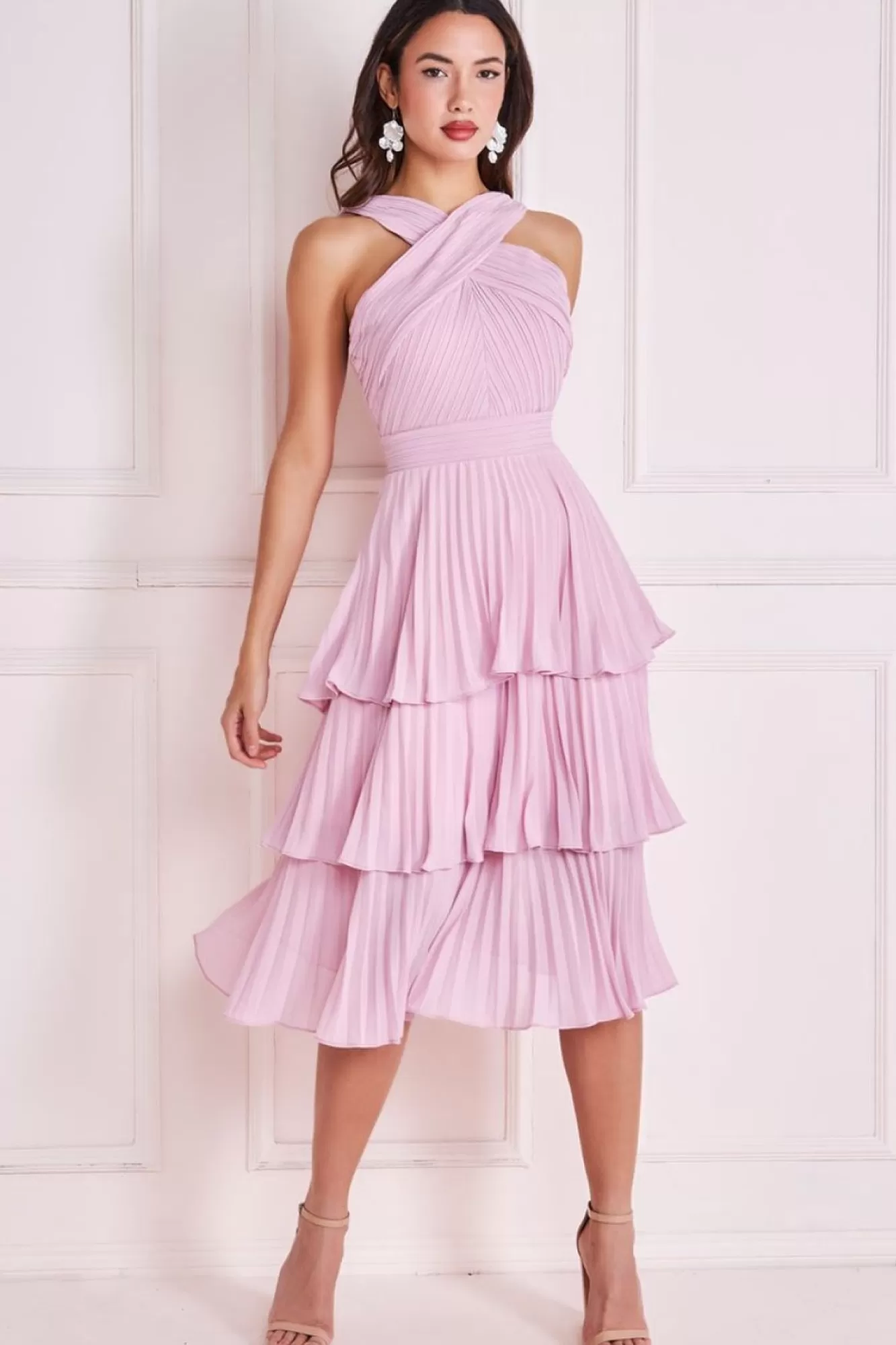 Midi Dresses^* Pleated Bodice Chiffon Tiered Midi Blush