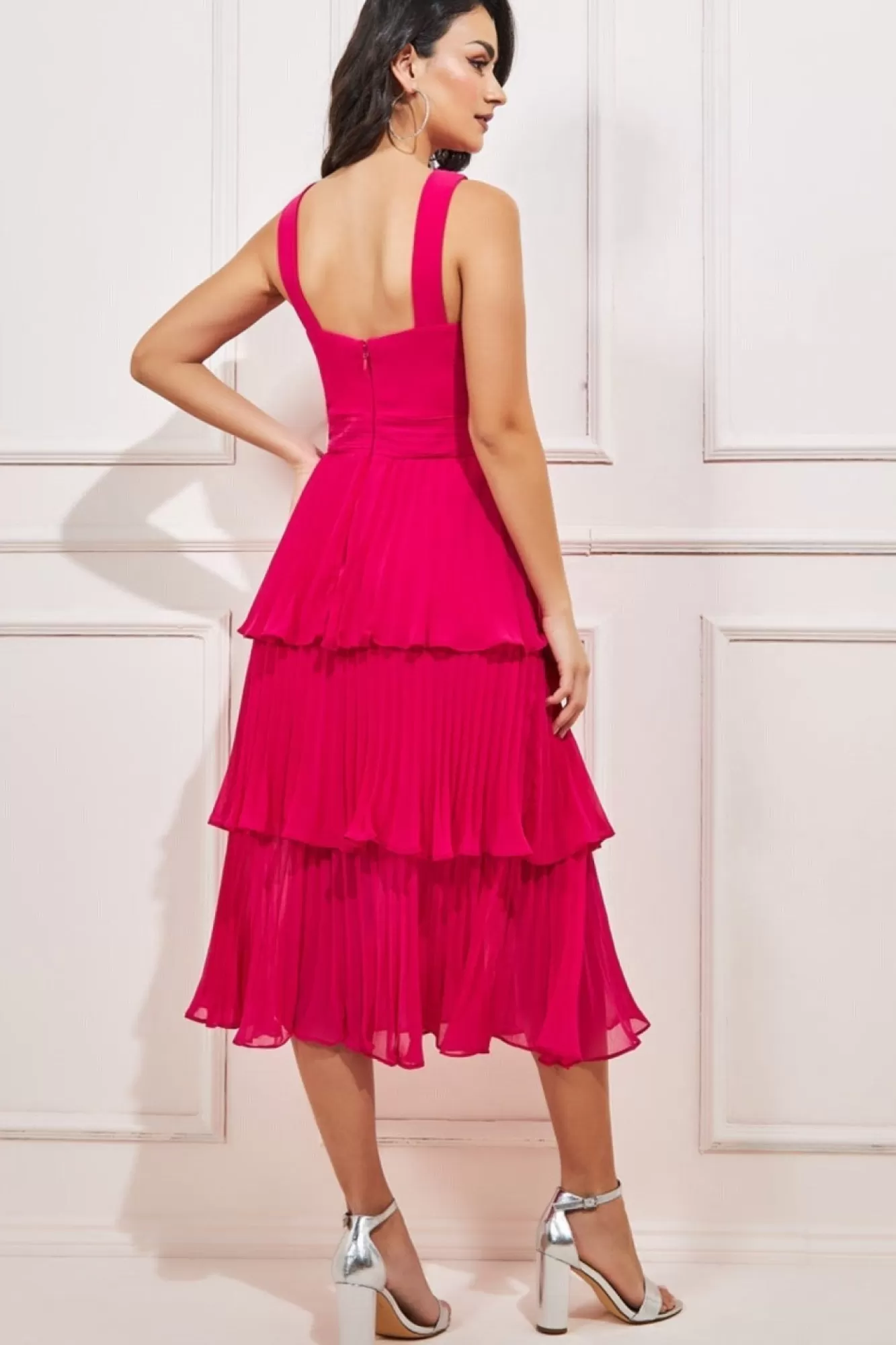 Midi Dresses^* Pleated Bodice Chiffon Tiered Midi Hotpink