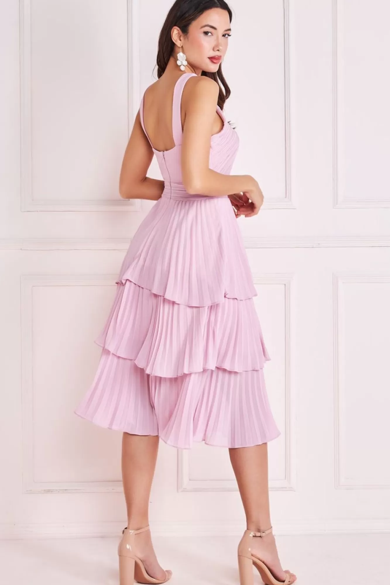 Midi Dresses^* Pleated Bodice Chiffon Tiered Midi Blush