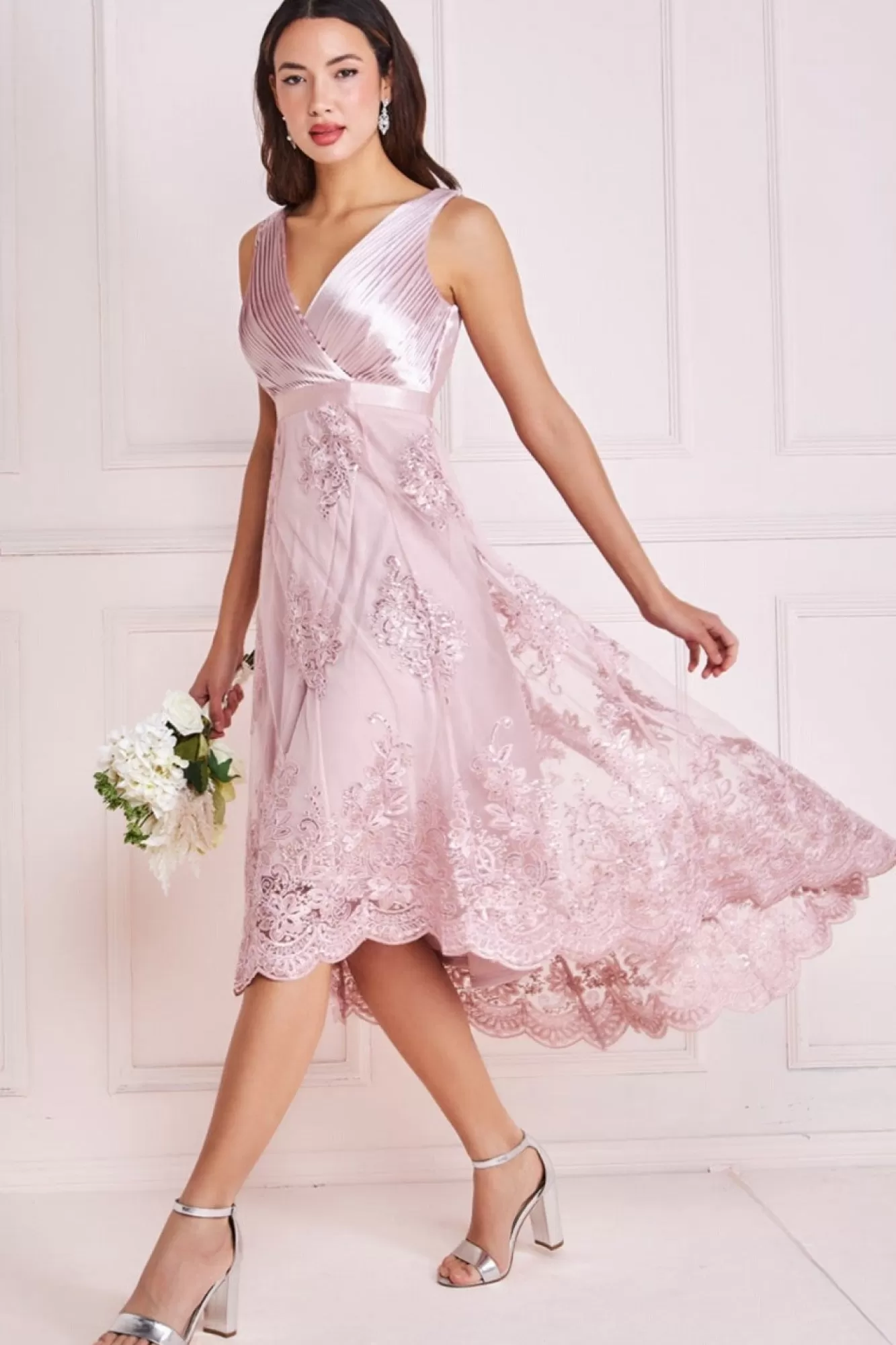 Midi Dresses^* Pleated Satin V Neck High And Low Midi Pink