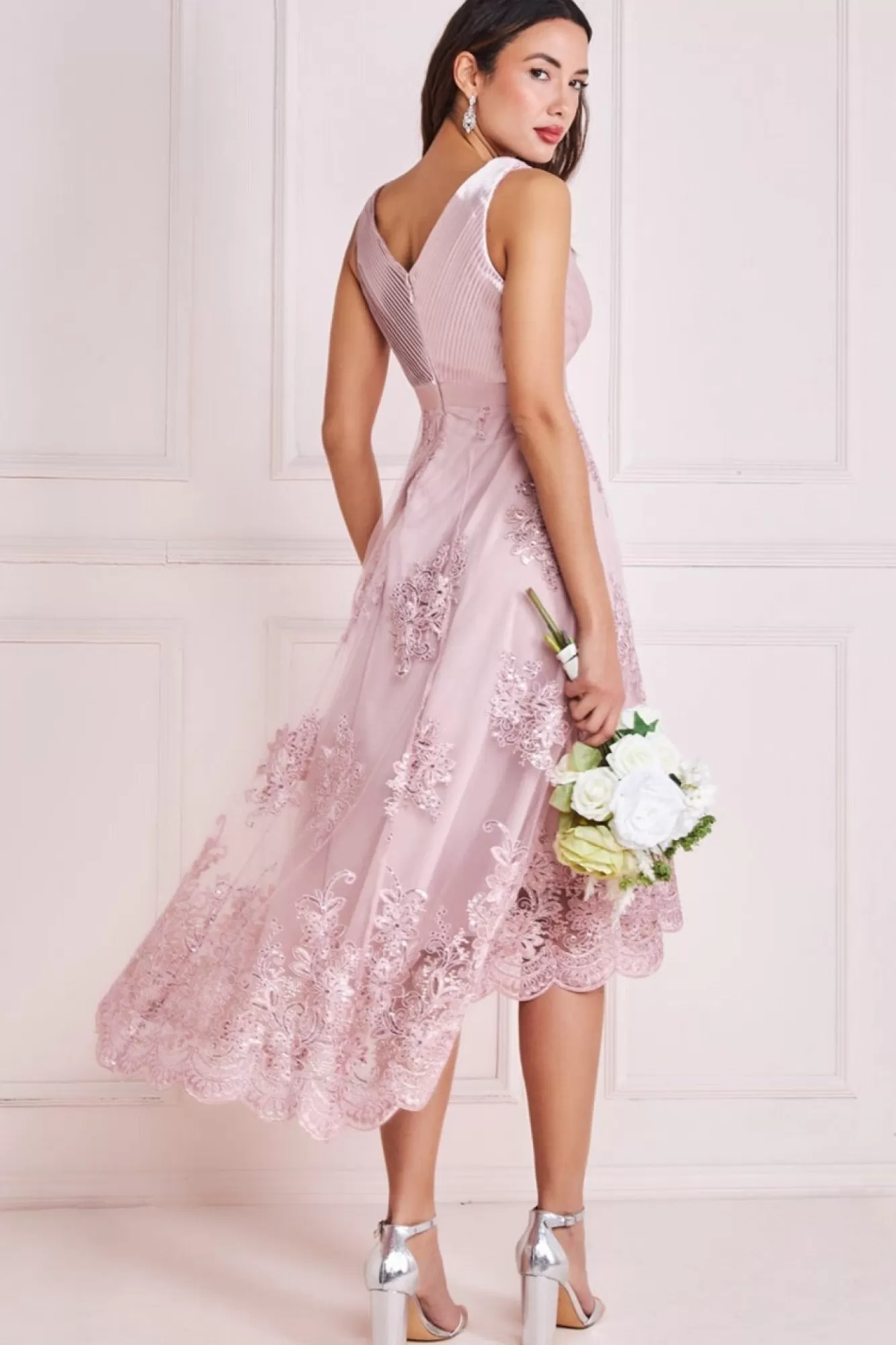 Midi Dresses^* Pleated Satin V Neck High And Low Midi Pink