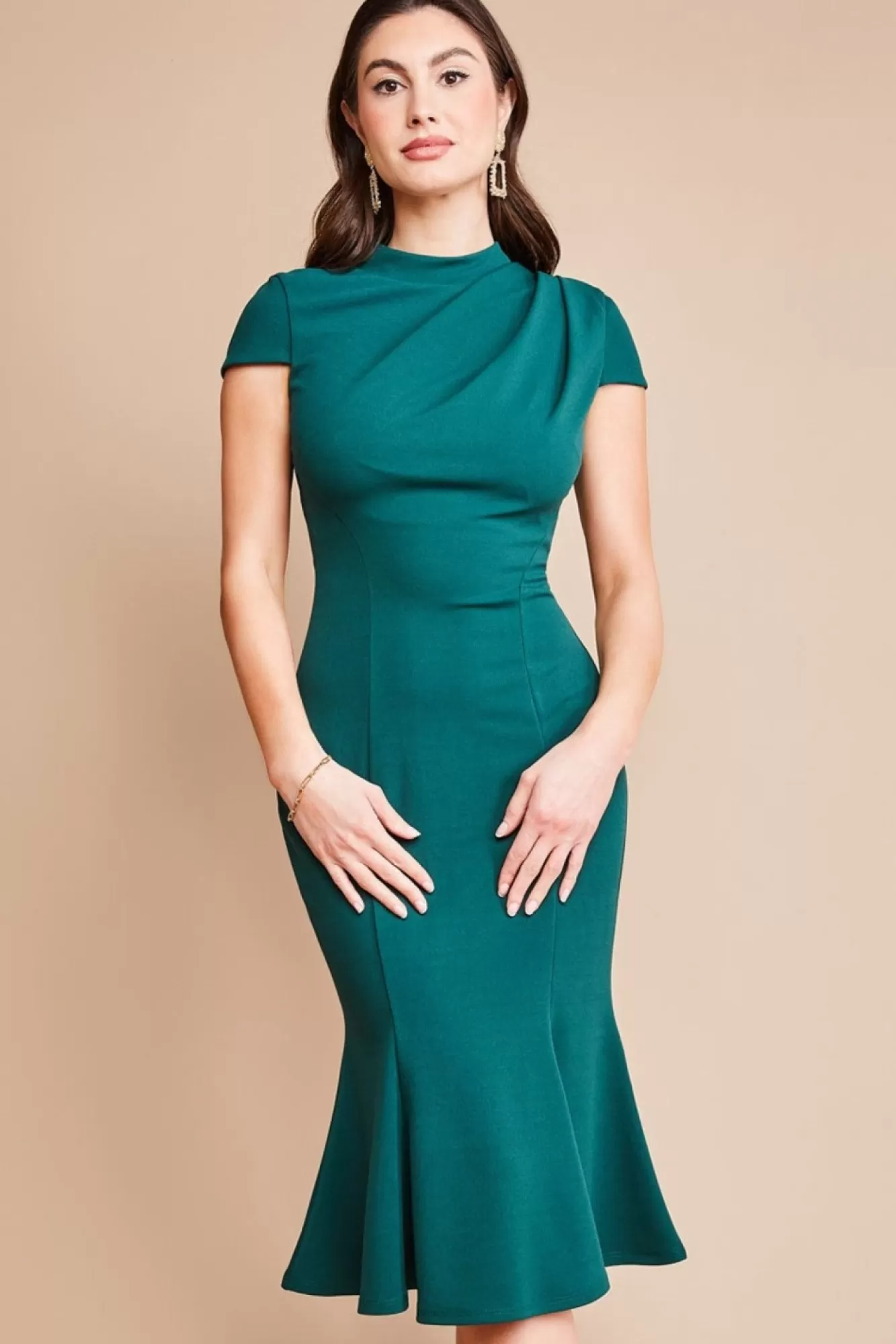 Midi Dresses^* Pleated Shoulder High Neck Midi - Emerald Green Emeraldgreen