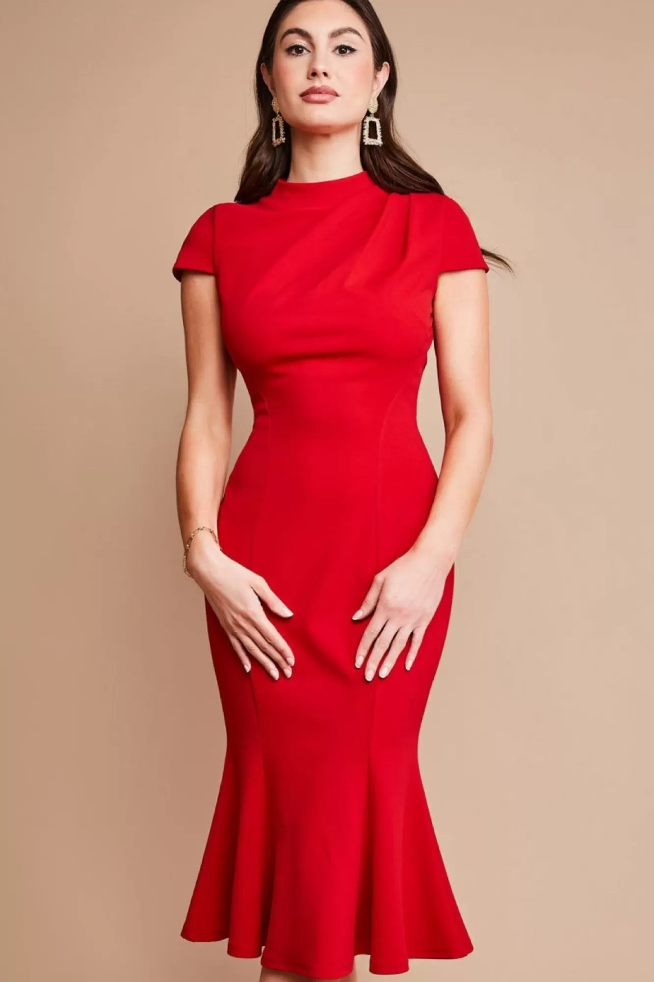 Midi Dresses^* Pleated Shoulder High Neck Midi Dress Red