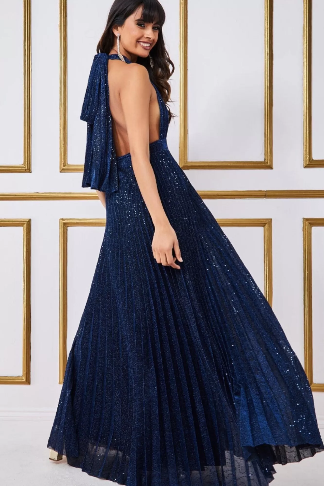 Maxi Dresses^* Plunge Halterneck Sequin Lurex Maxi Navy