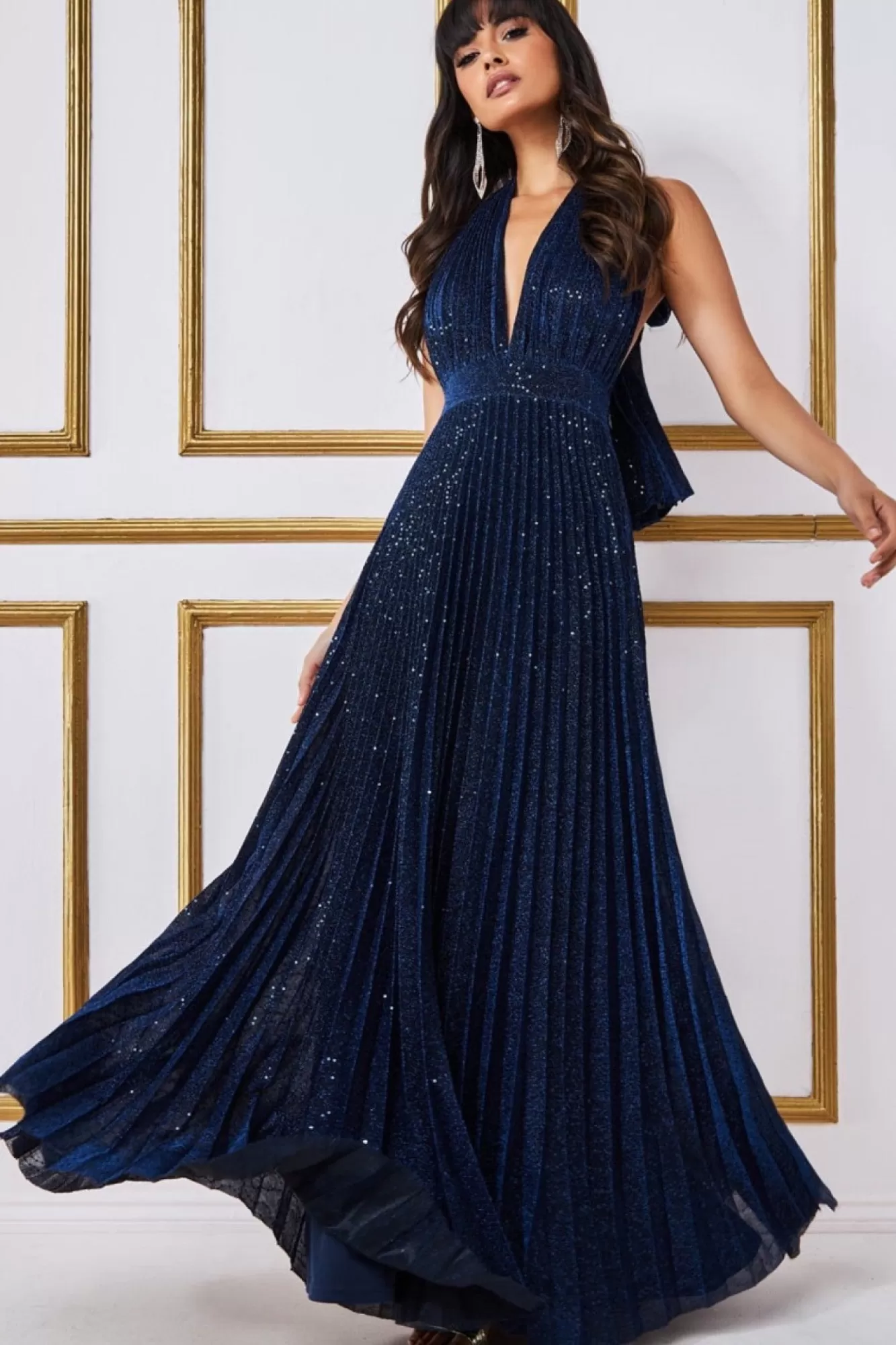 Maxi Dresses^* Plunge Halterneck Sequin Lurex Maxi Navy
