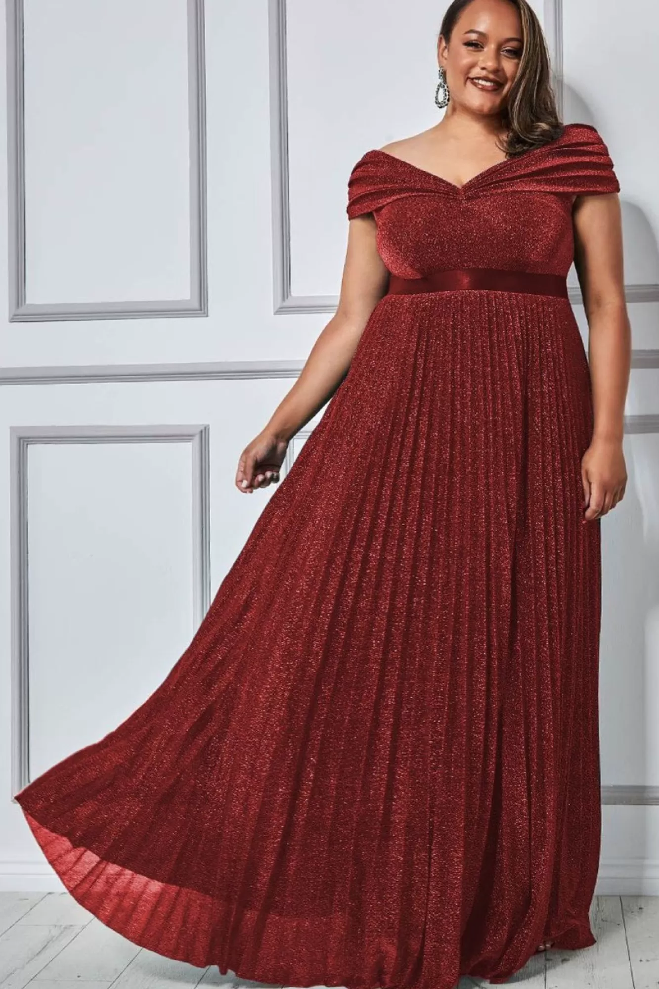Maxi Dresses^* Plus Bardot Pleated Skirt Maxi Dress Red