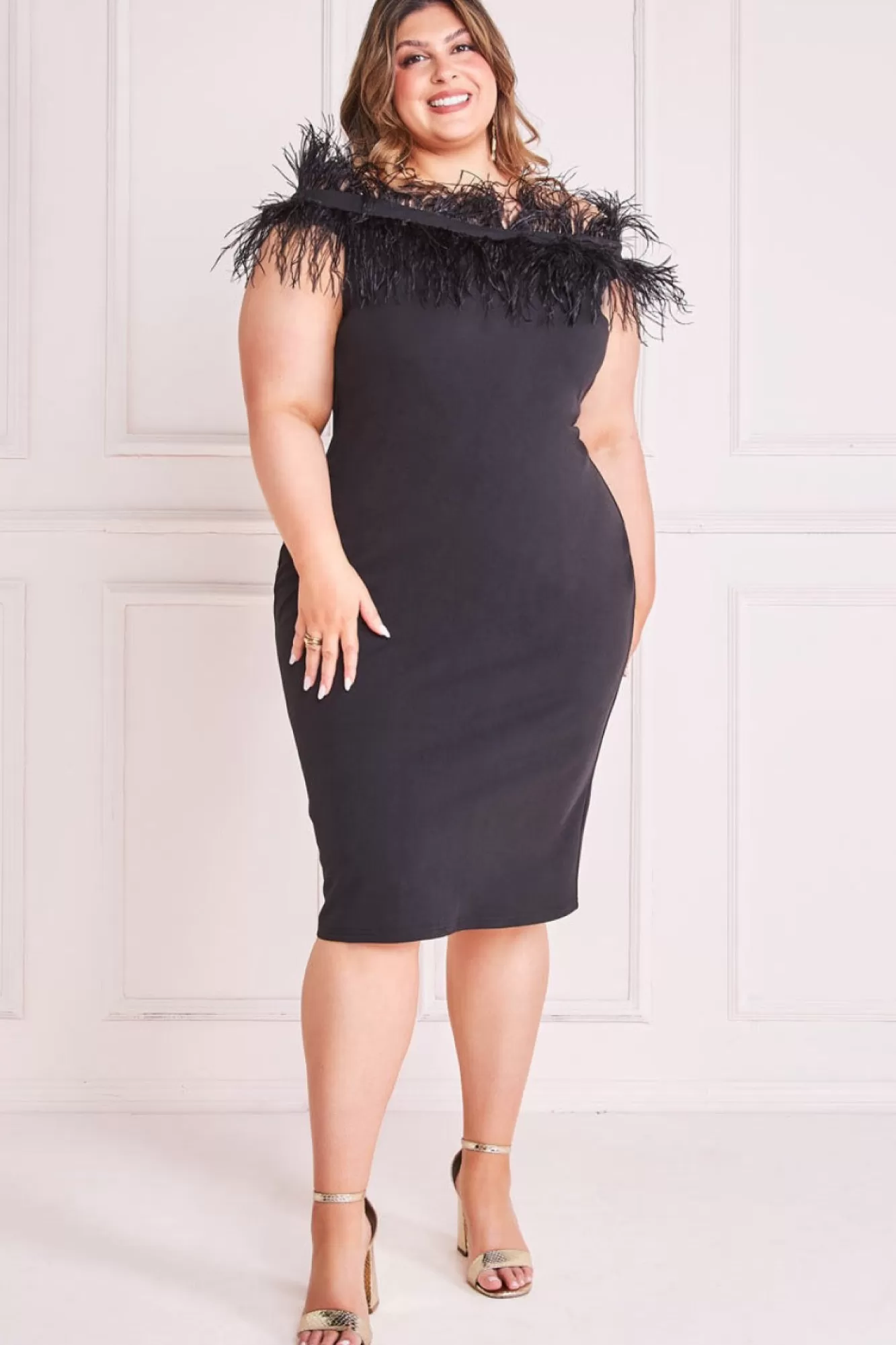 Midi Dresses^* Plus Off The Shoulder Feather Midi Dress Black