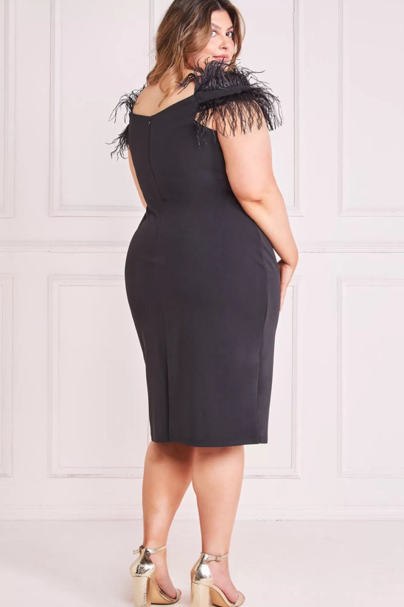 Midi Dresses^* Plus Off The Shoulder Feather Midi Dress Black