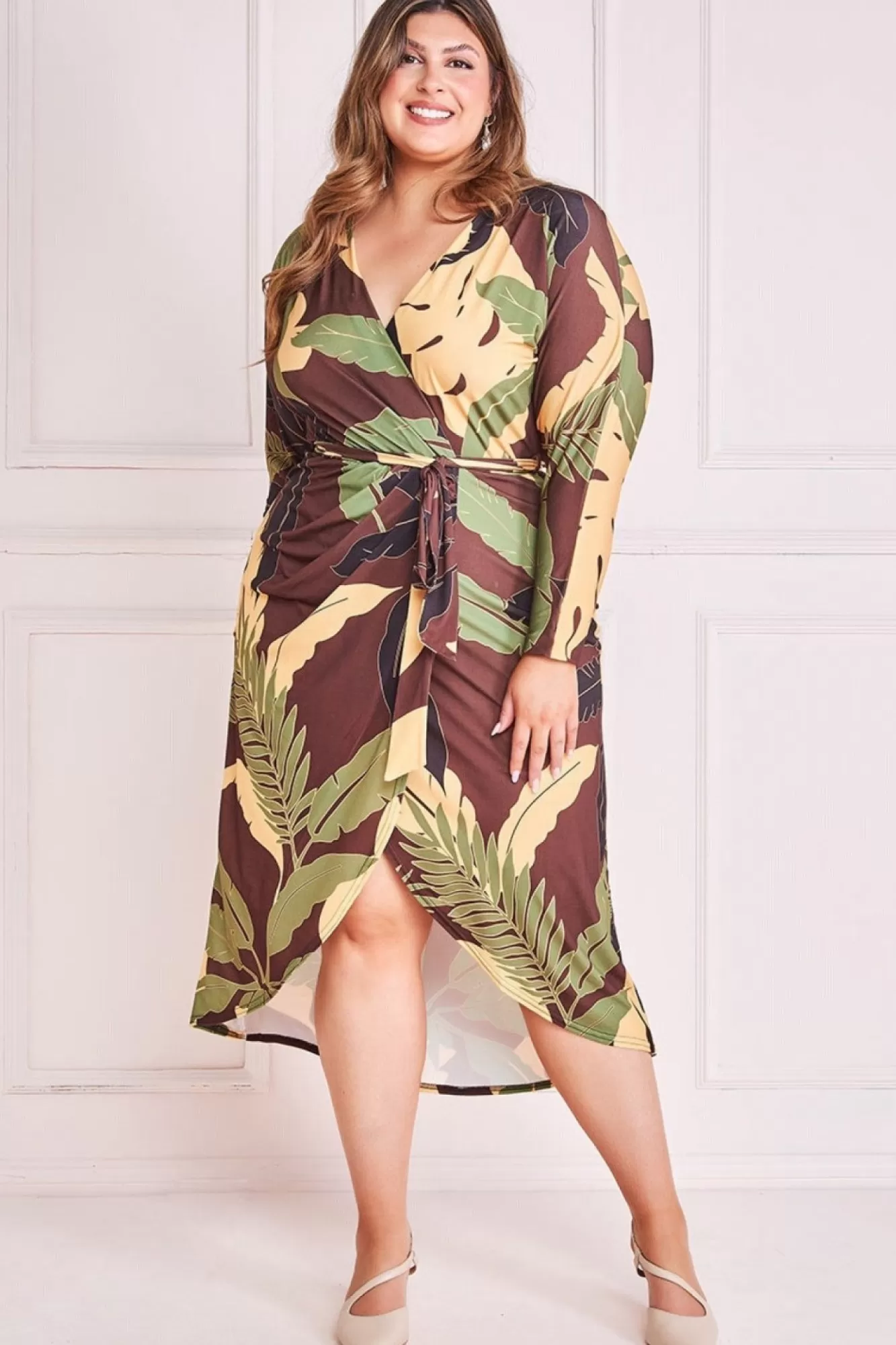Midi Dresses^* Plus Printed Batwing Wrap Midi Dress Brown