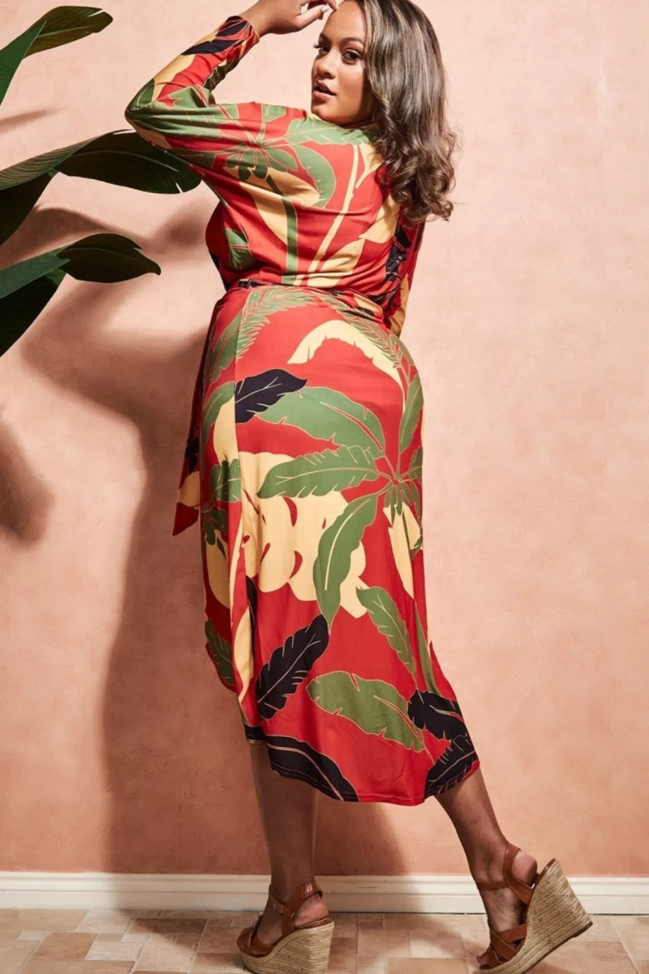 Midi Dresses^* Plus Printed Batwing Wrap Midi Dress Orange
