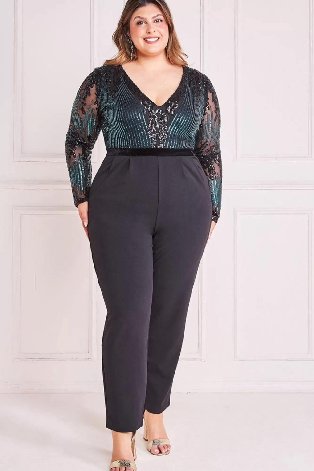 Jumpsuits^* Plus Sequin & Mesh Jumpsuit - Emerald Green
