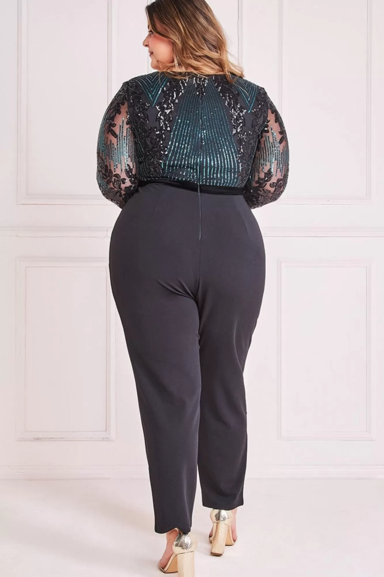 Jumpsuits^* Plus Sequin & Mesh Jumpsuit - Emerald Green
