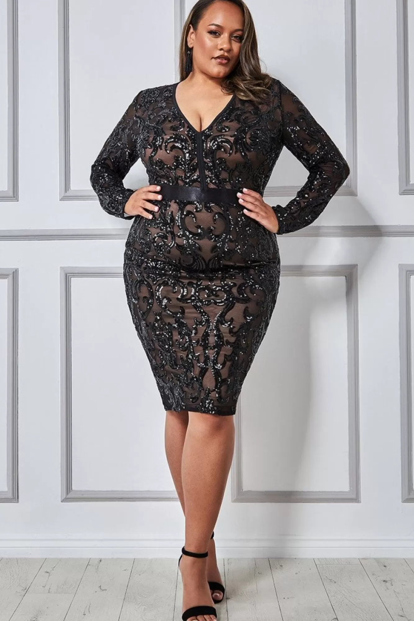 Midi Dresses^* Plus Sequin & Mesh Midi Dress Black