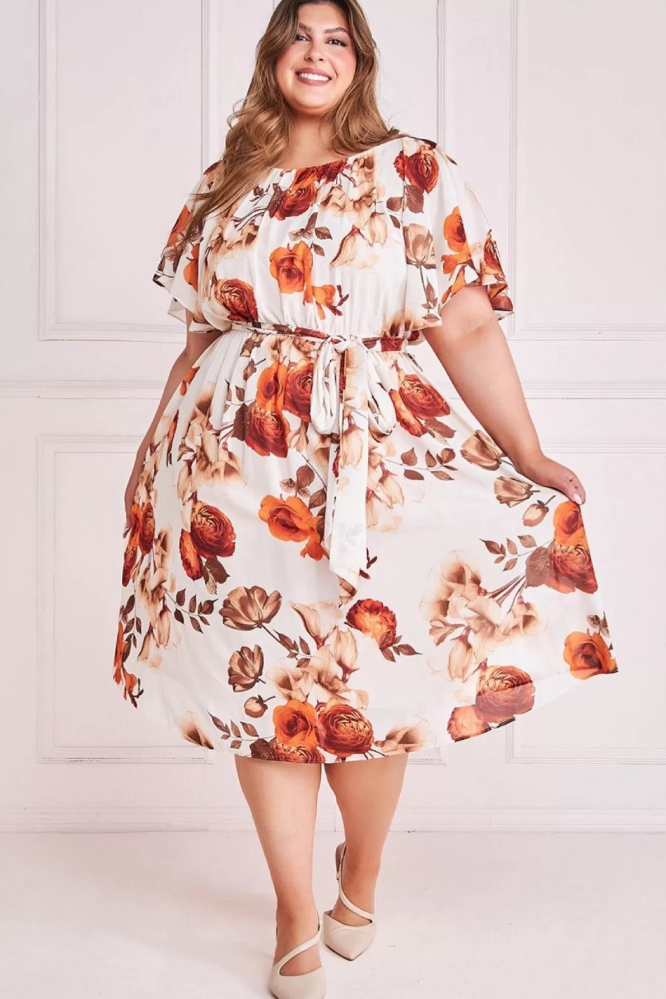 Midi Dresses^* Plus Wrap Back Flutter Sleeve Midi Dress Beige