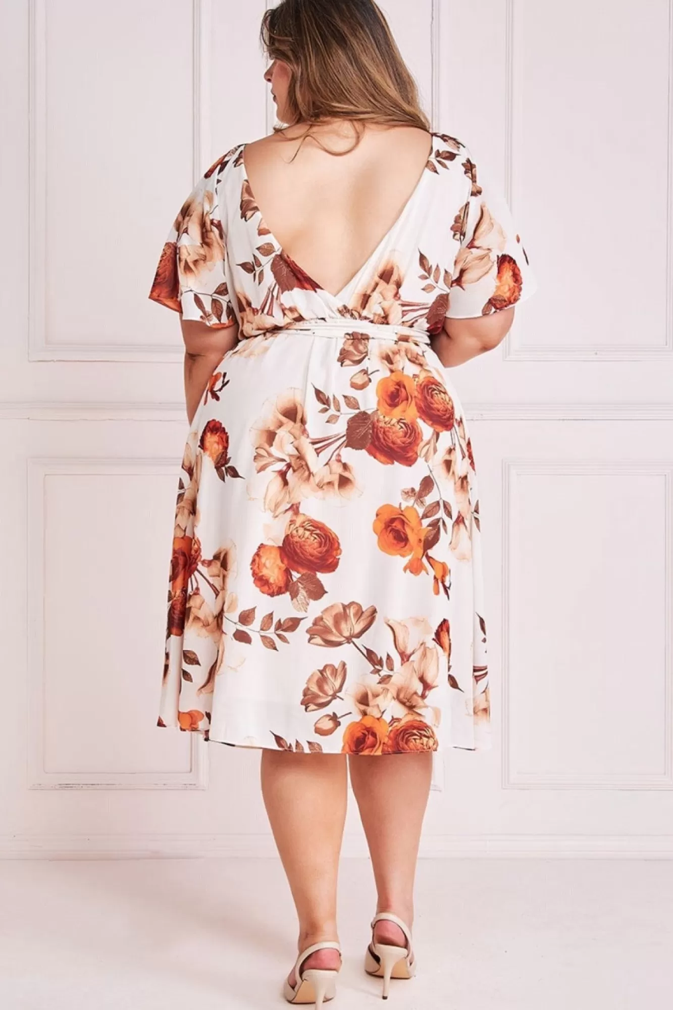 Midi Dresses^* Plus Wrap Back Flutter Sleeve Midi Dress Beige