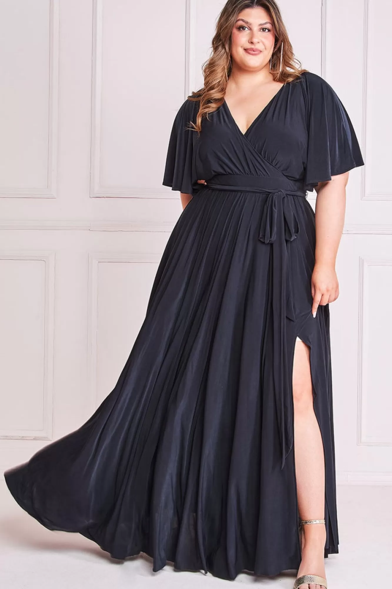 Maxi Dresses^* Plus Wrap Front Maxi With Flutter Sleeves Black