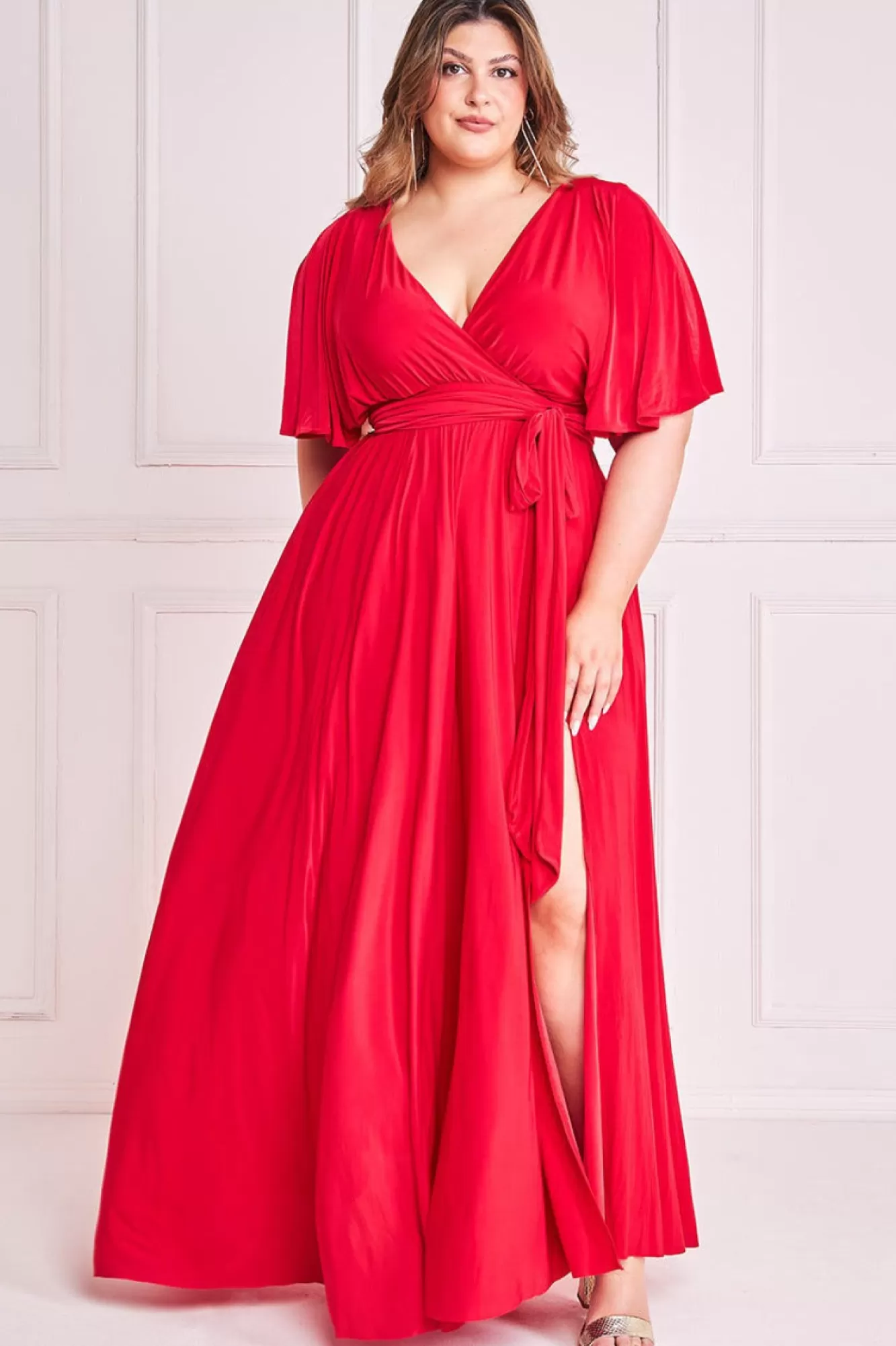 Maxi Dresses^* Plus Wrap Front Maxi With Flutter Sleeves Red