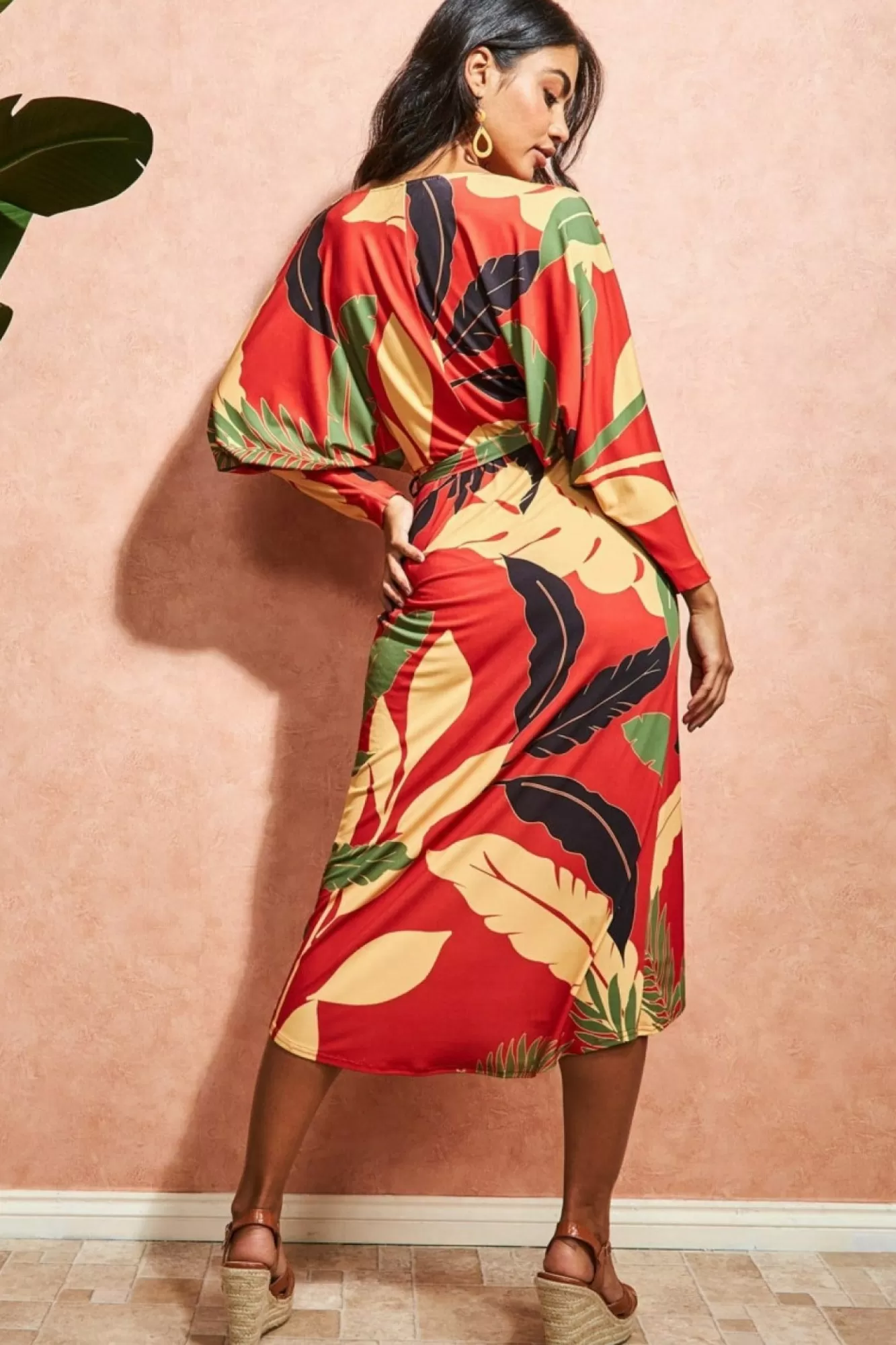 Midi Dresses^* Printed Batwing Wrap Midi Dress Orange