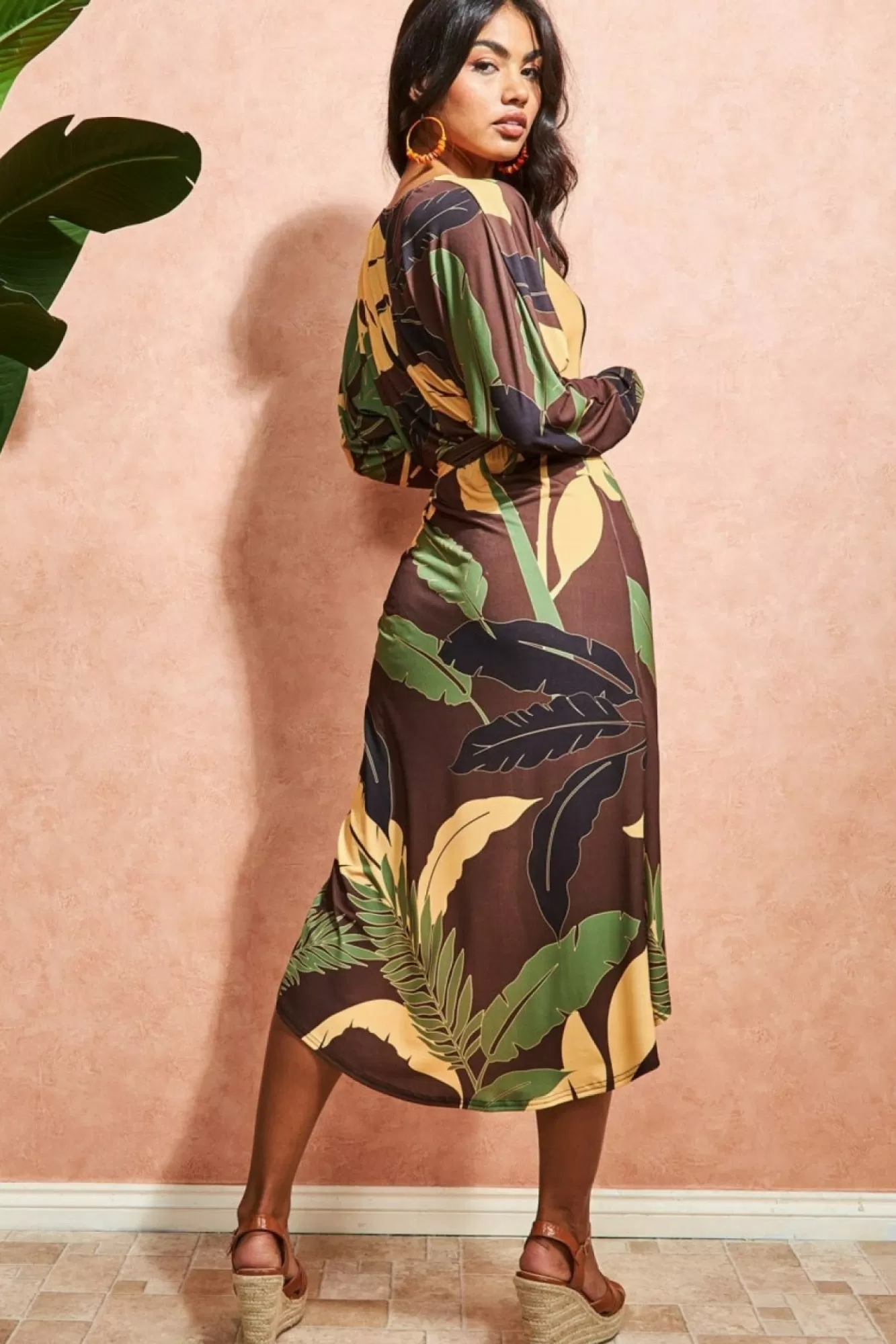Midi Dresses^* Printed Batwing Wrap Midi Dress Brown