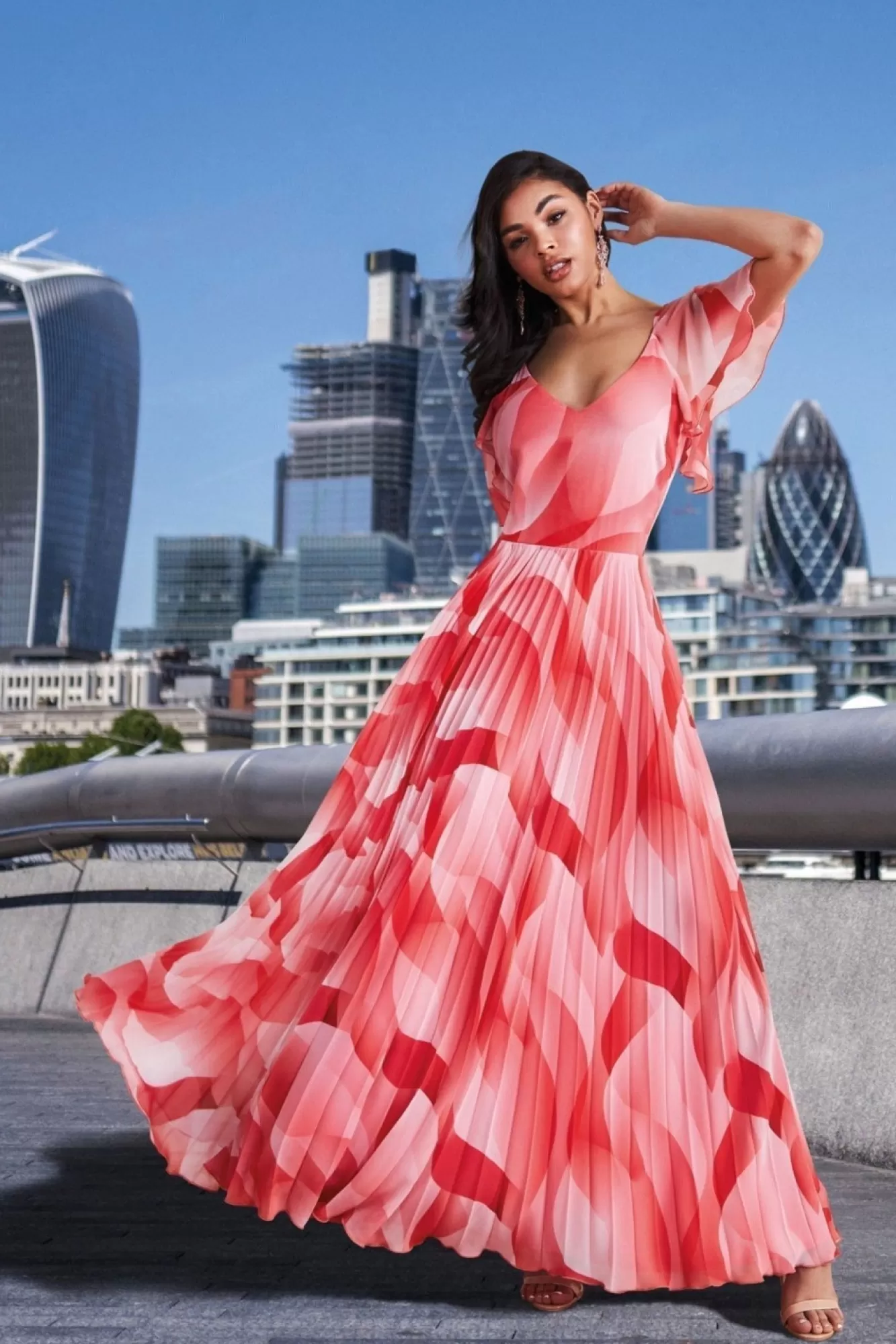 Maxi Dresses^* Printed Chiffon Pleated Maxi Dress Coral