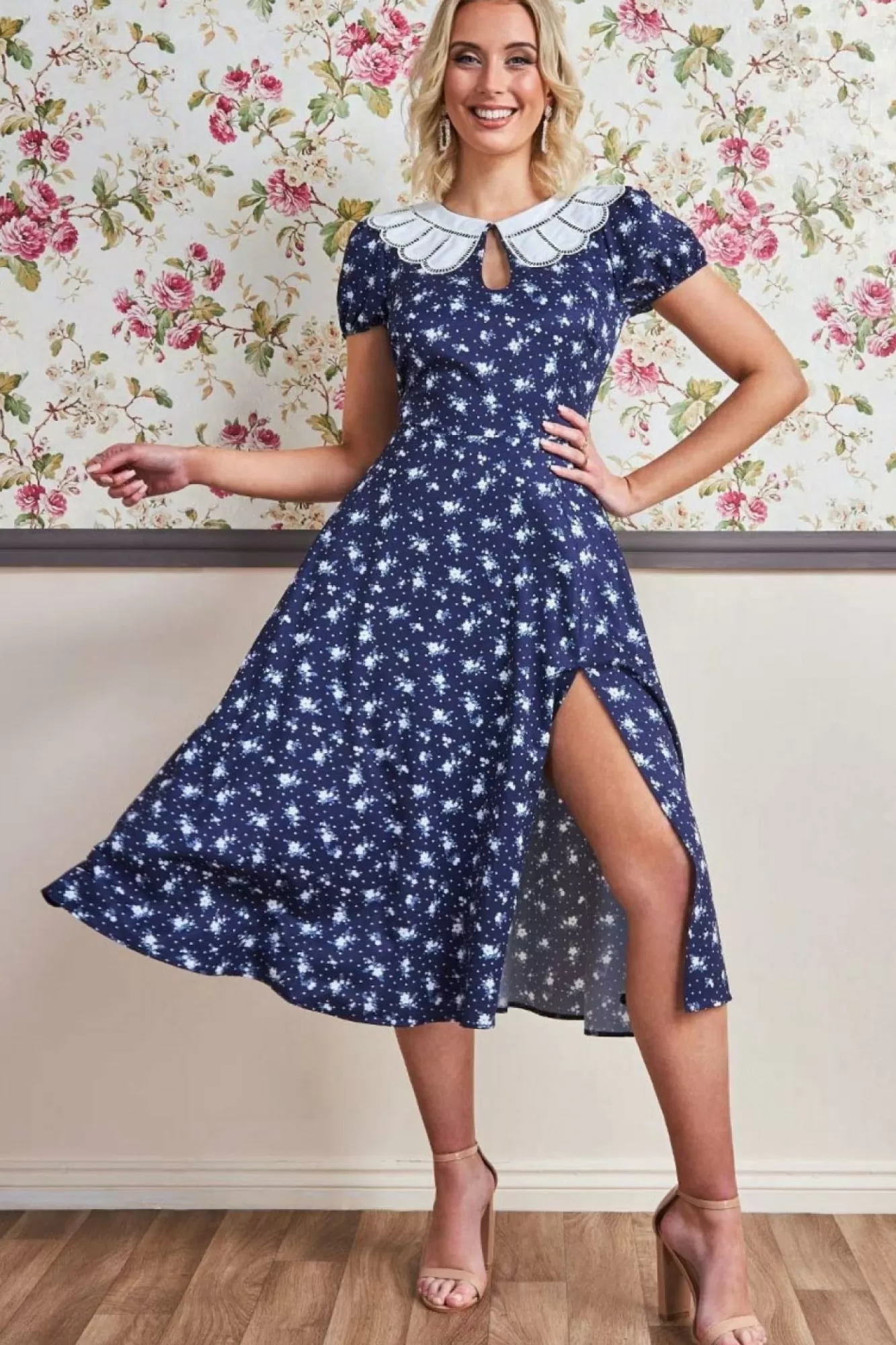 Midi Dresses^* Printed Midi With Front Split Navy