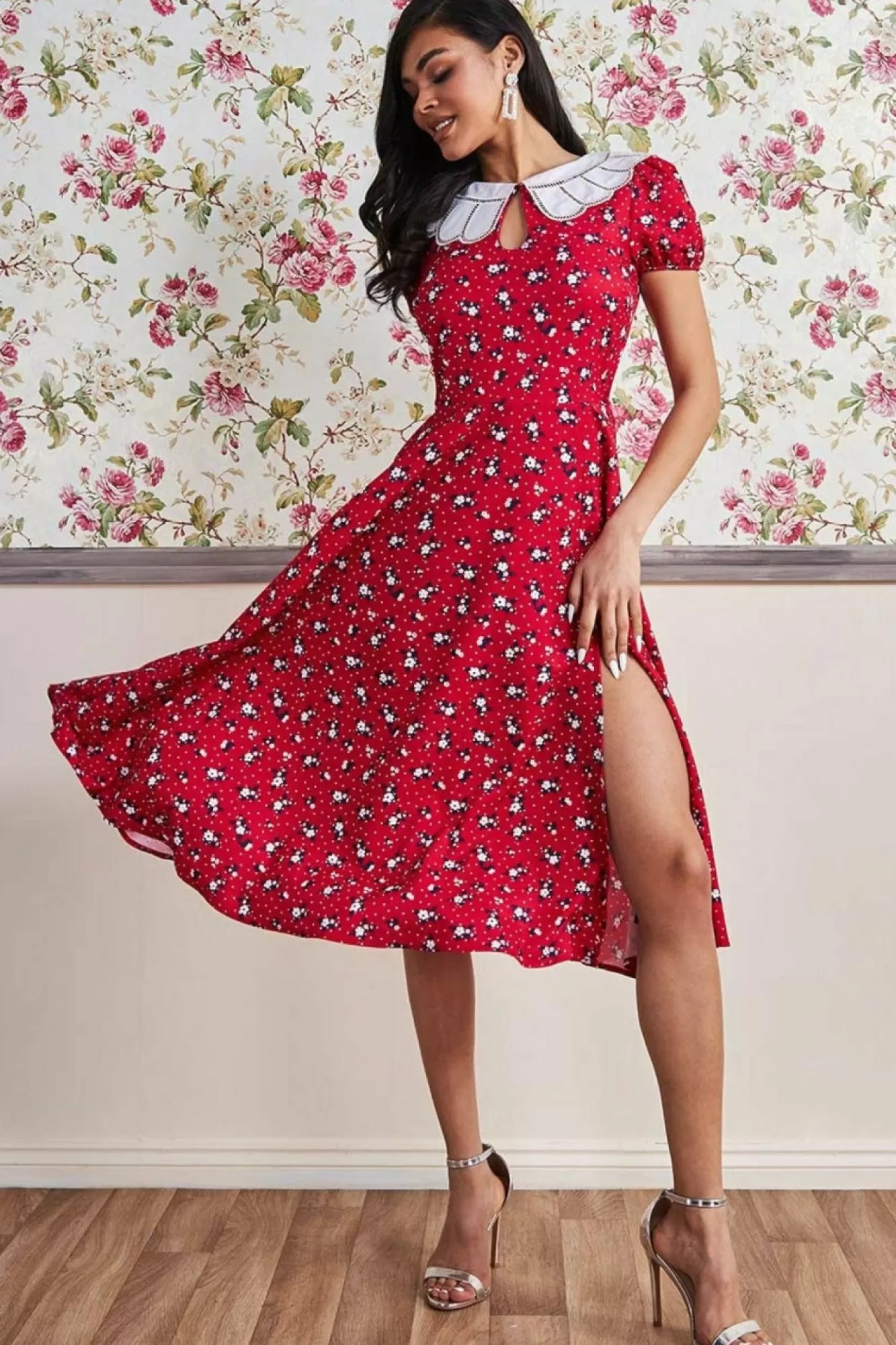 Midi Dresses^* Printed Midi With Front Split Red