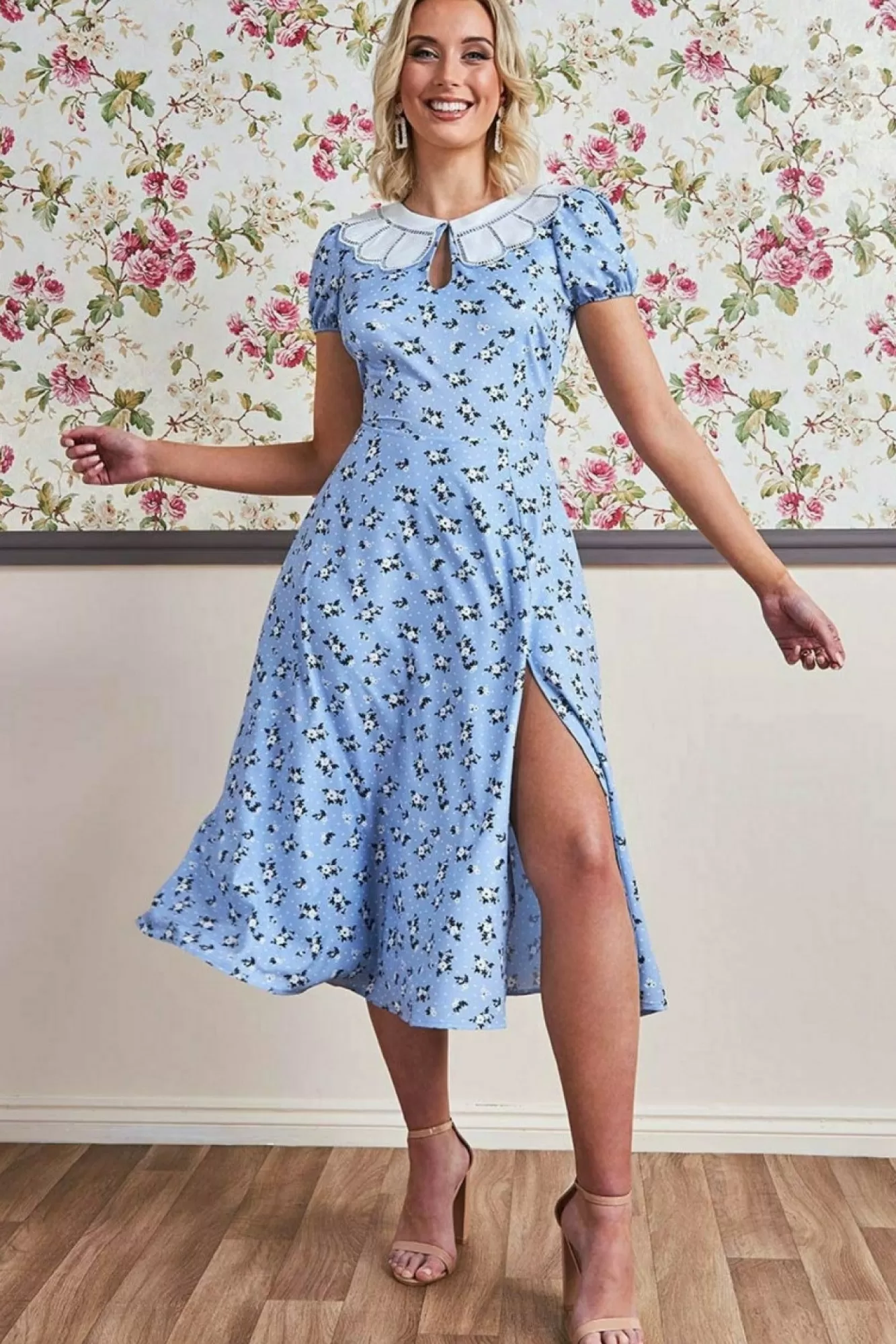 Midi Dresses^* Printed Midi With Front Split - Powder Blue Powderblue