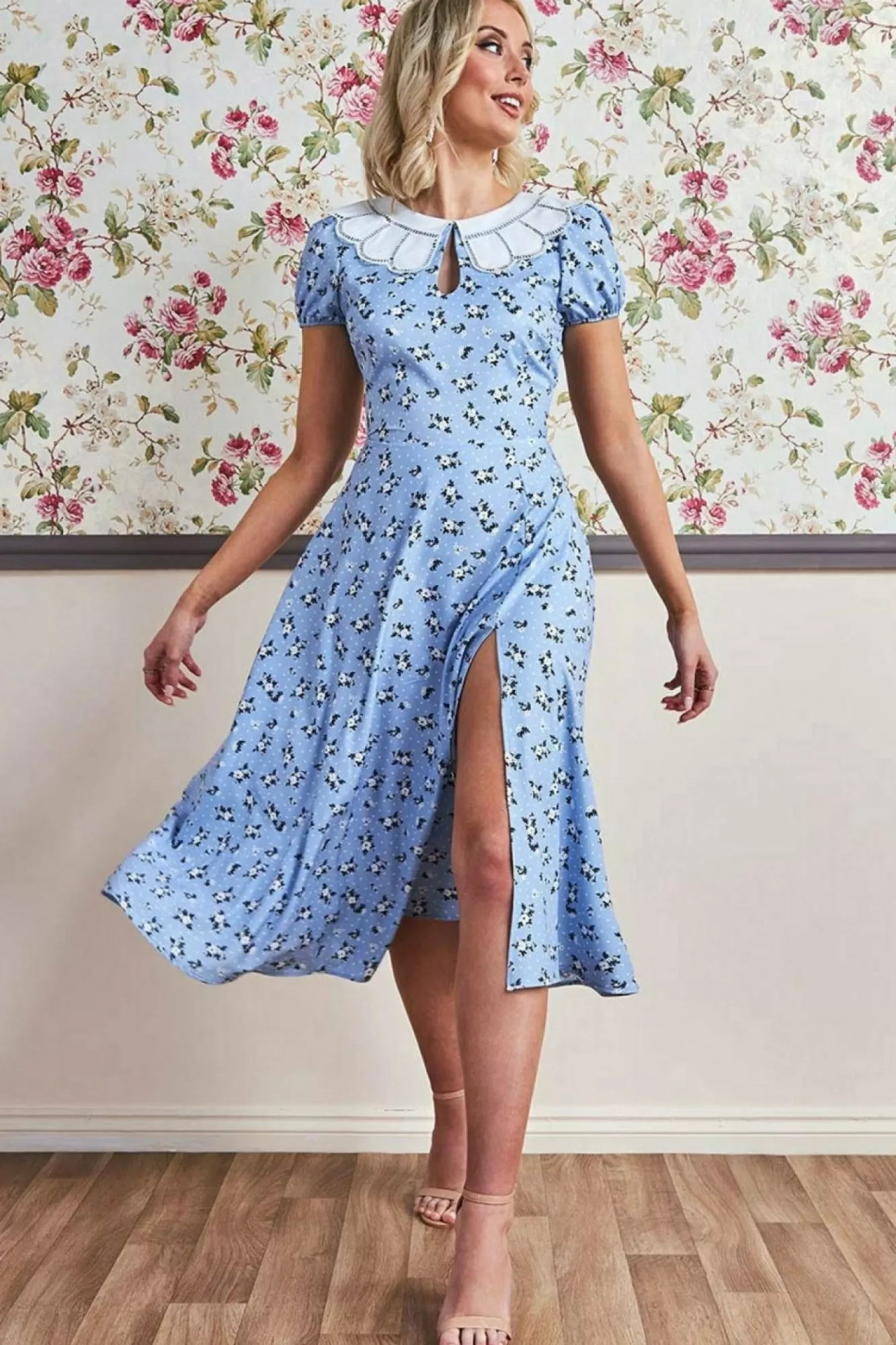 Midi Dresses^* Printed Midi With Front Split - Powder Blue Powderblue