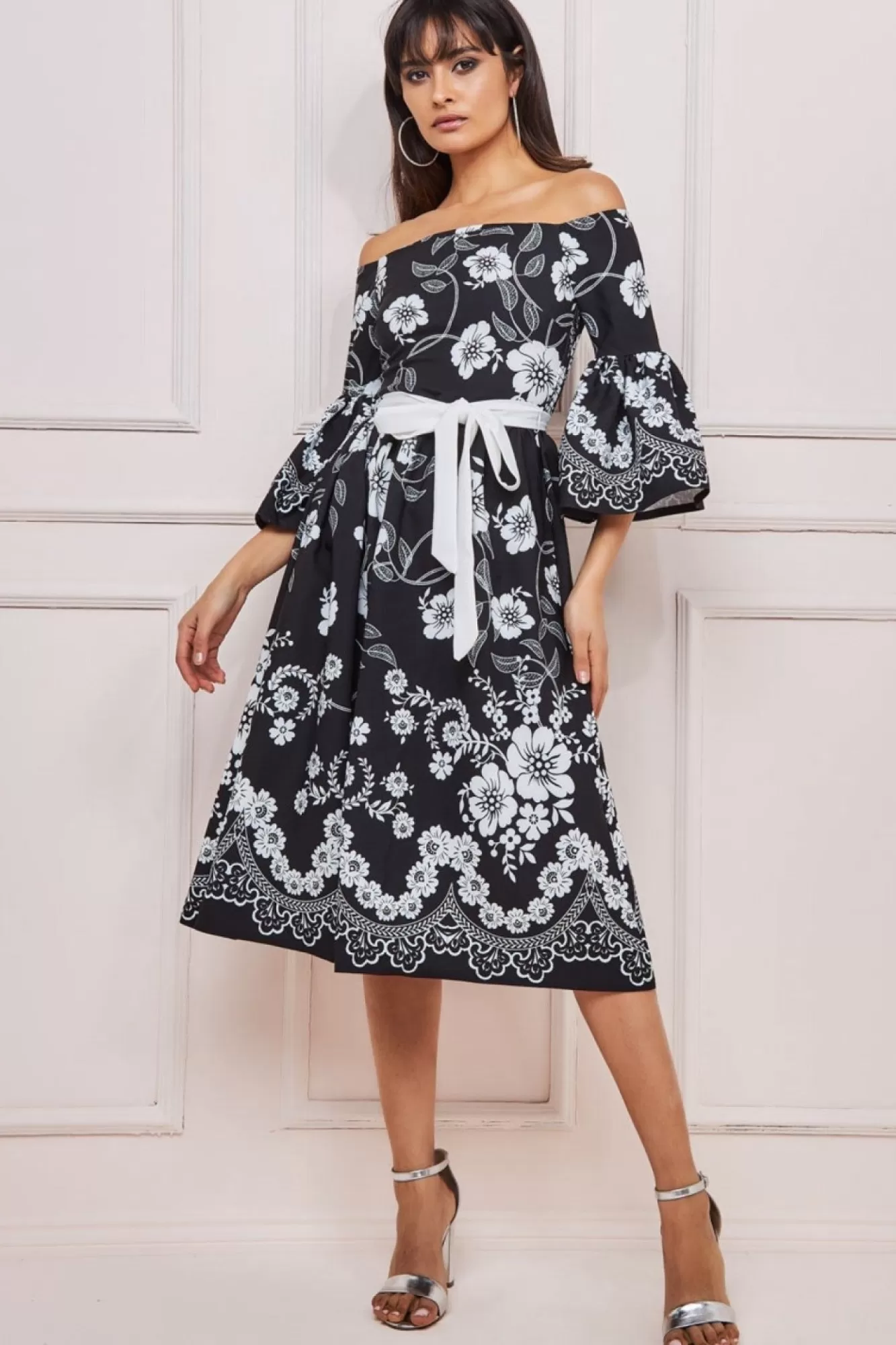 Midi Dresses^* Printed Off The Shoulder Midi Dress Black
