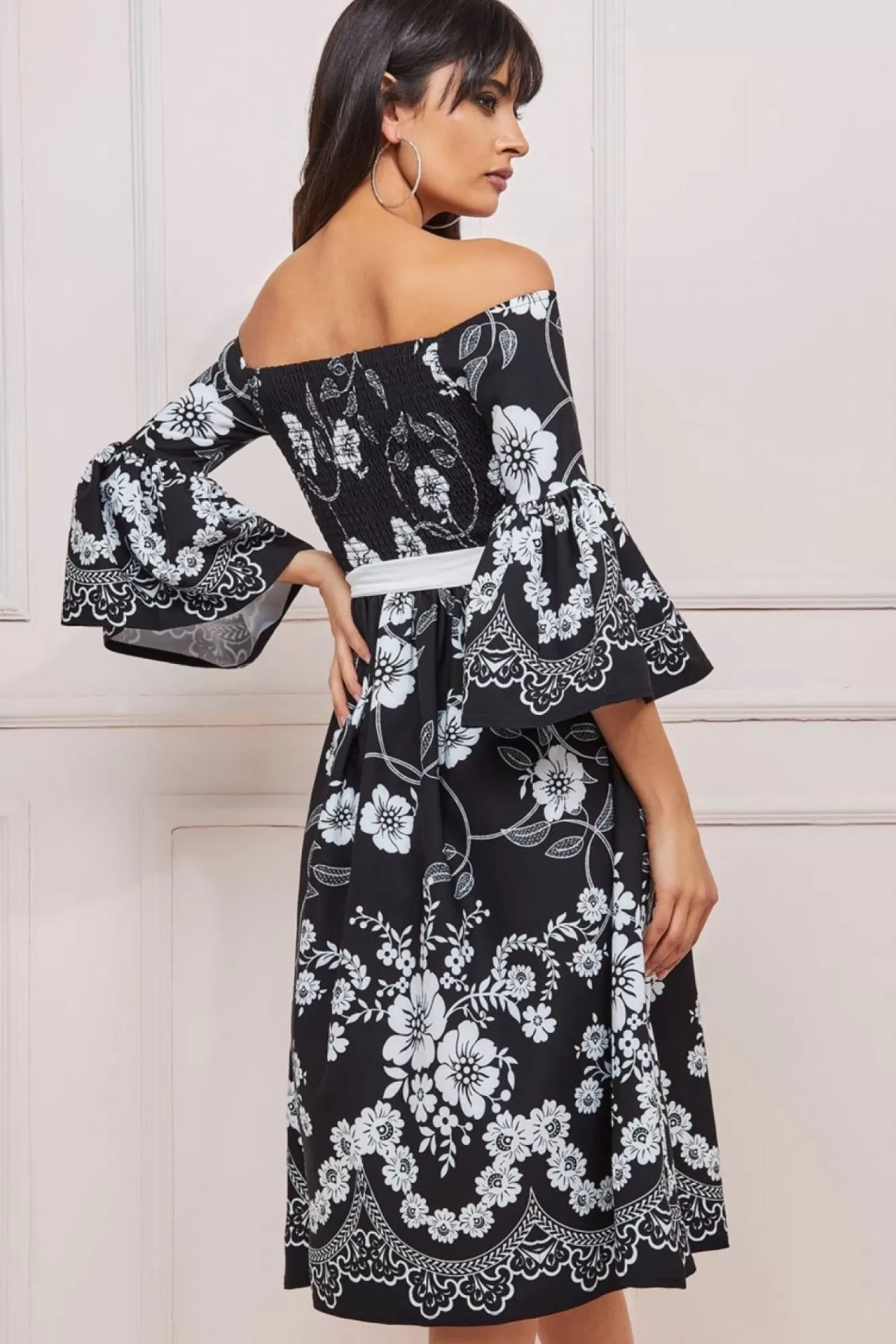Midi Dresses^* Printed Off The Shoulder Midi Dress Black