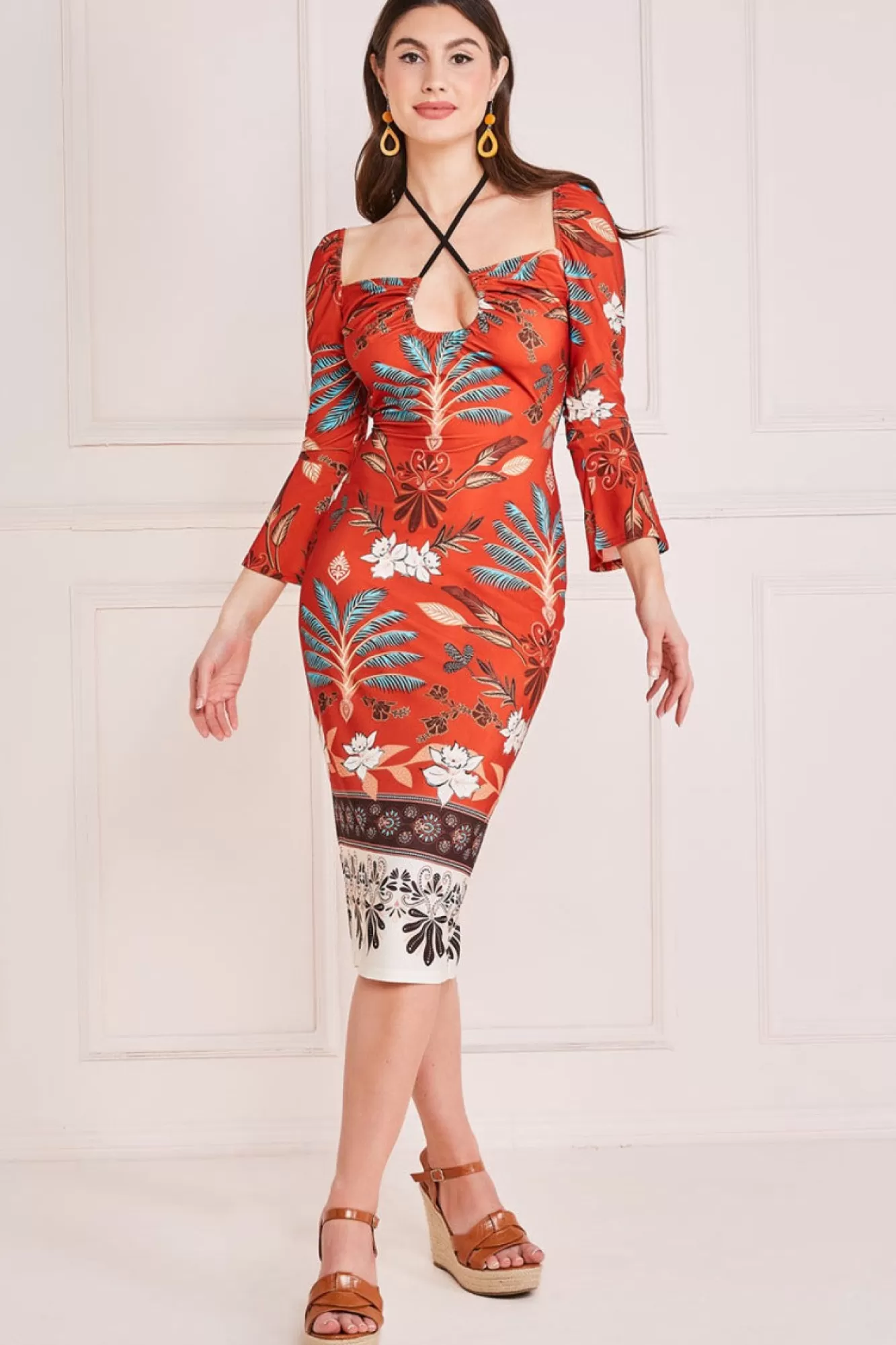 Midi Dresses^* Printed Tie Back Midi Dress Orange