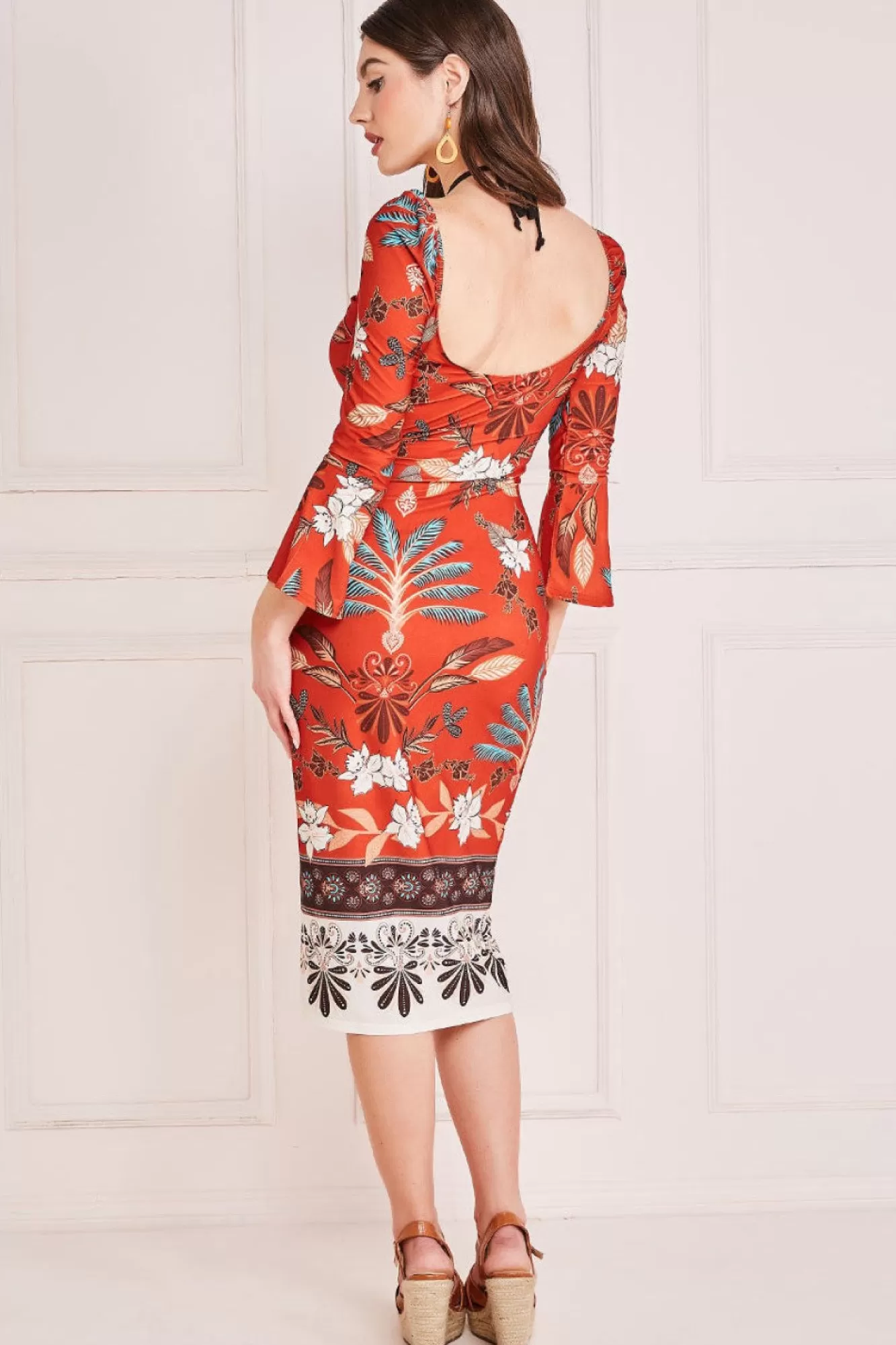 Midi Dresses^* Printed Tie Back Midi Dress Orange