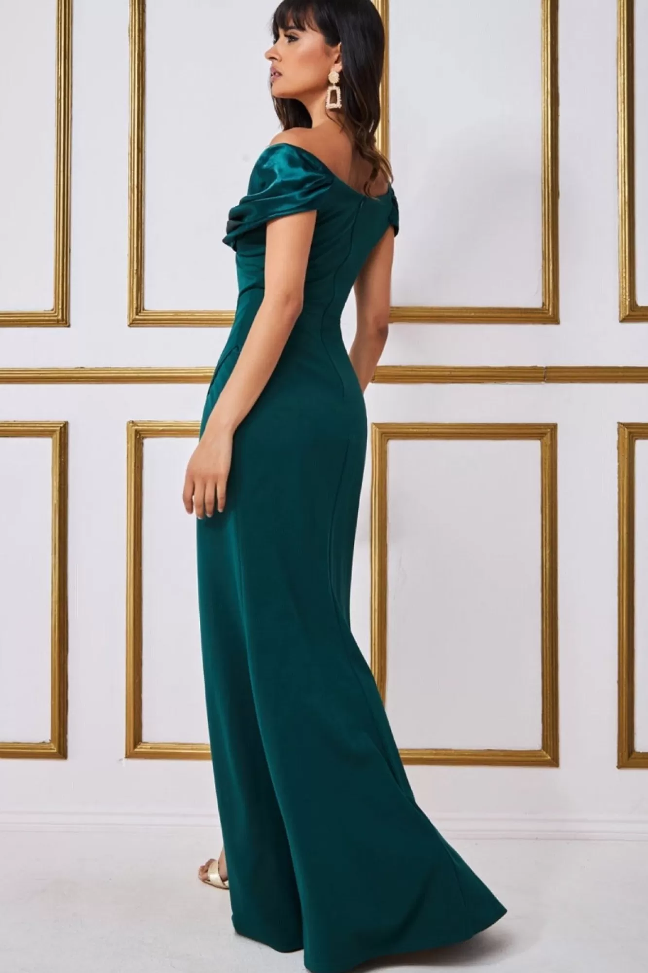 Maxi Dresses^* Satin & Scuba Off The Shoulder Maxi Dress Emerald