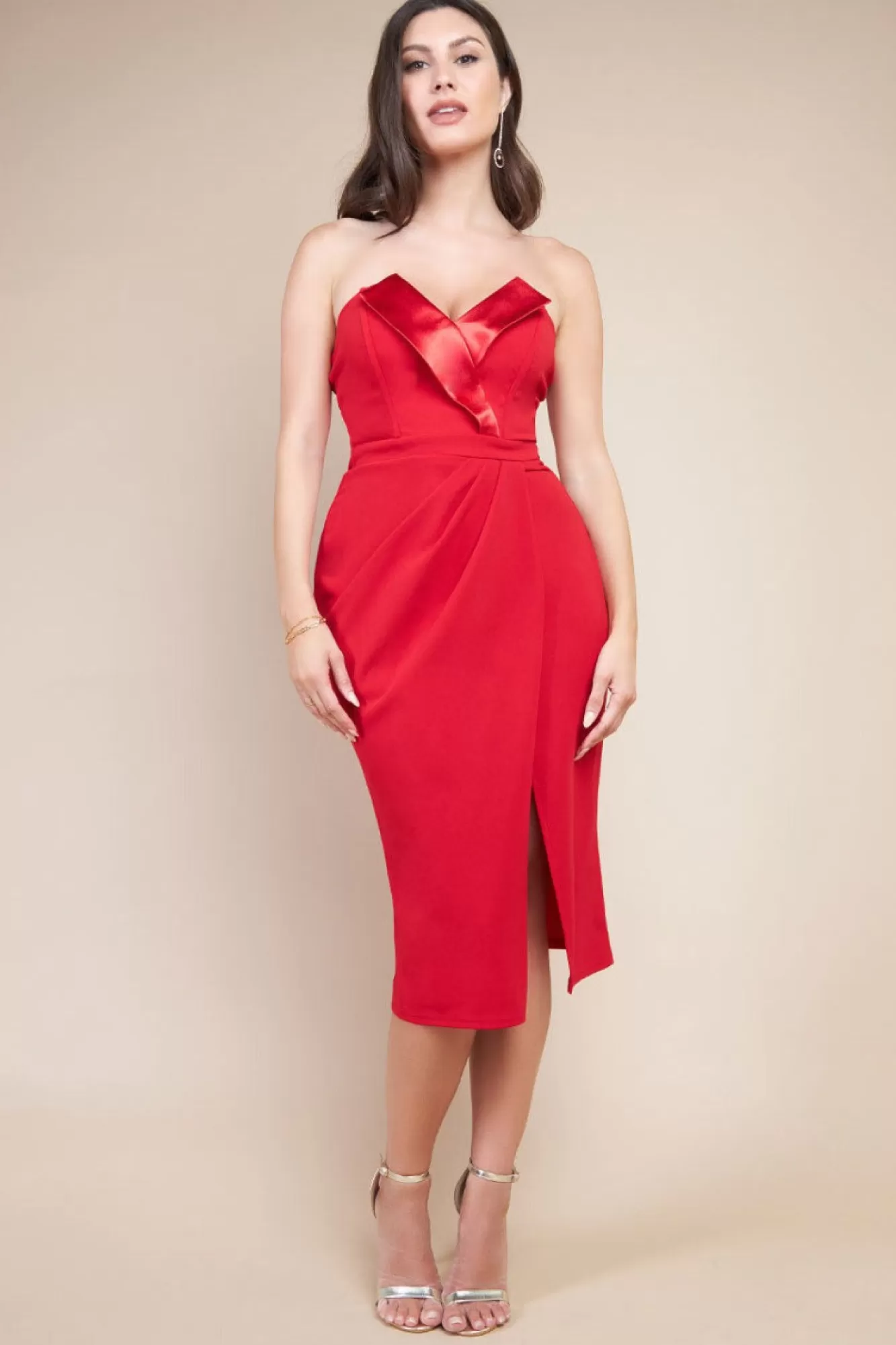 Midi Dresses^* Satin Collar Scuba Midi Dress Red