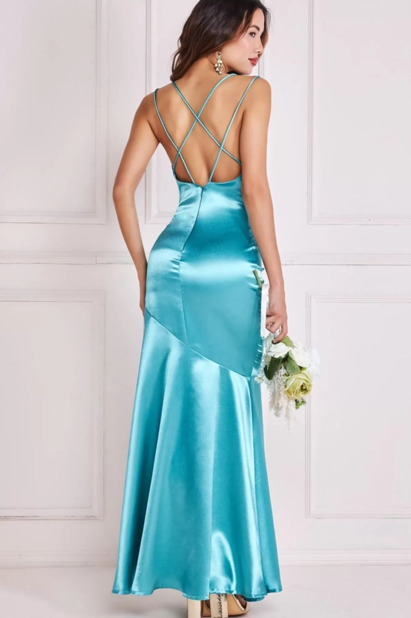 Maxi Dresses^* Satin Cowl Neck With Strappy Back Maxi Aqua